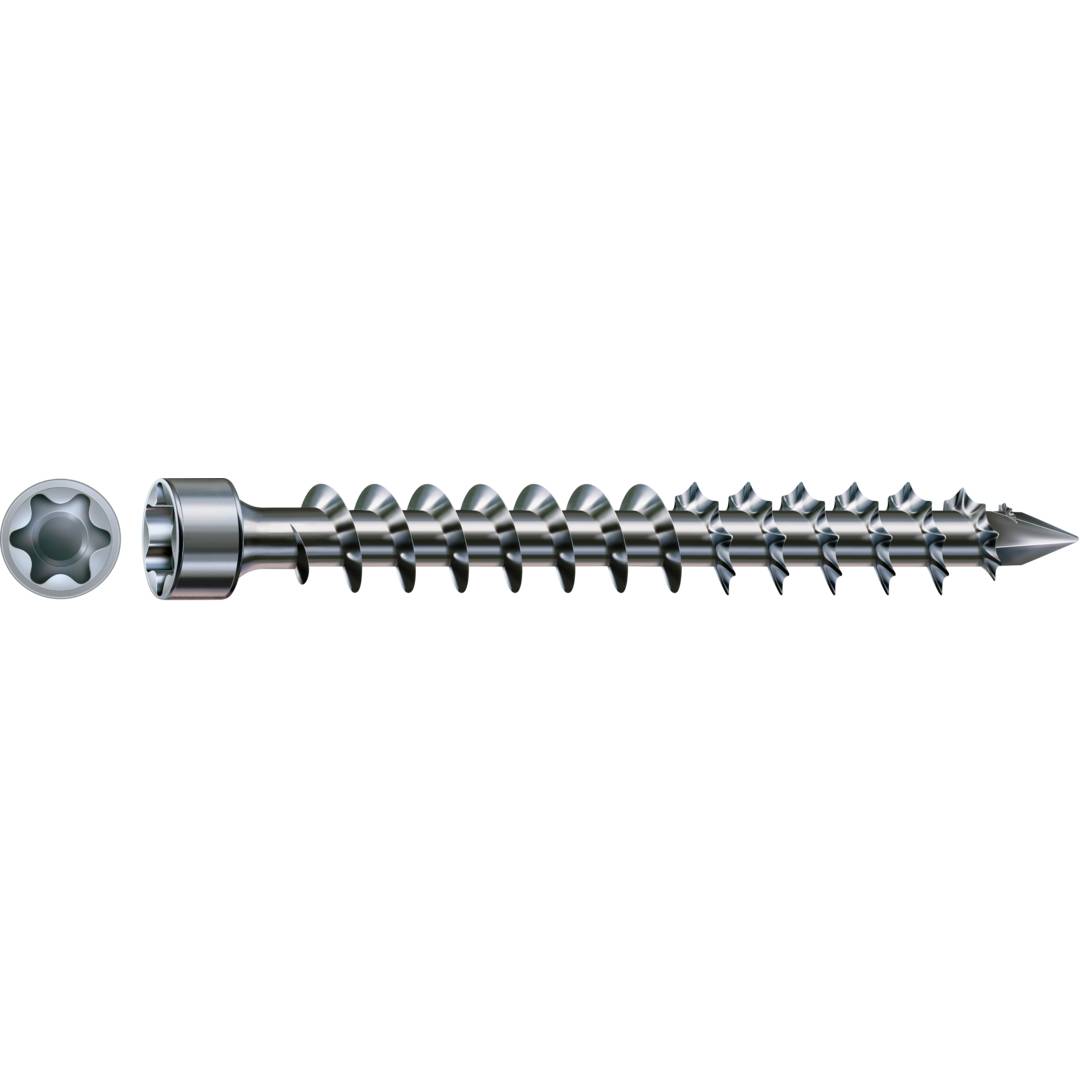Eine silberne Torx-Schraube mit Antrieb, in Seitenansicht auf schwarzem Hintergrund dargestellt, mit einem separaten sternförmigen Antriebskopf auf der linken Seite.