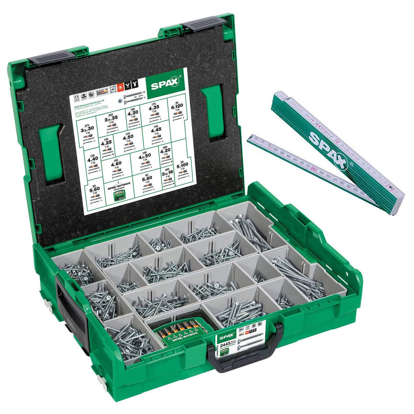 SPAX Sortimentskoffer - Senkkopf T-STAR PLUS WIROX - L-BOXX inkl. 2.446 Schrauben und 1 Meterstab