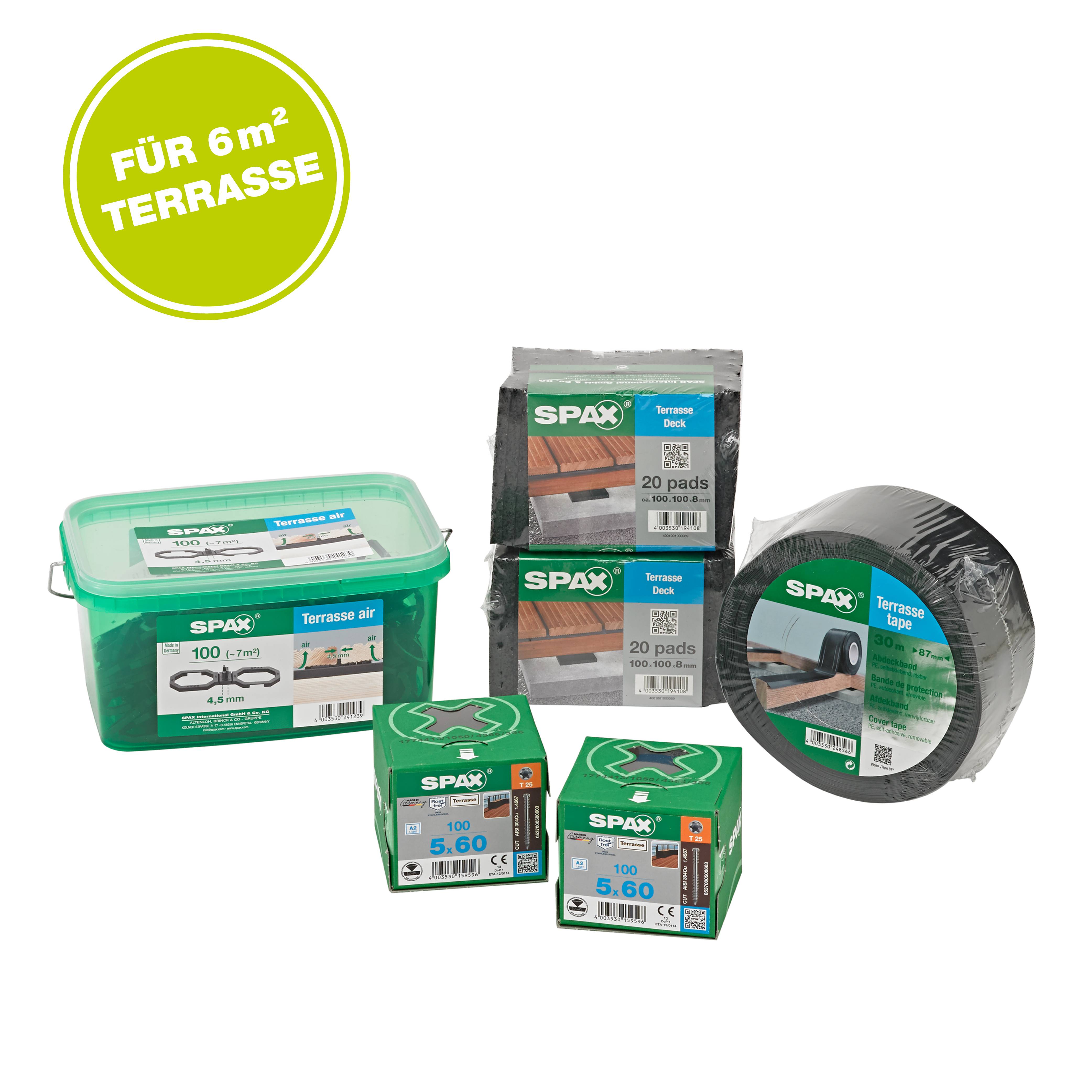 Sortiment von SPAX-Terrasseninstallationsprodukten, einschließlich Unterlegplatten, Klebeband und Schrauben, mit einem Abzeichen mit der Aufschrift „FÜR 6 m² TERRASSE