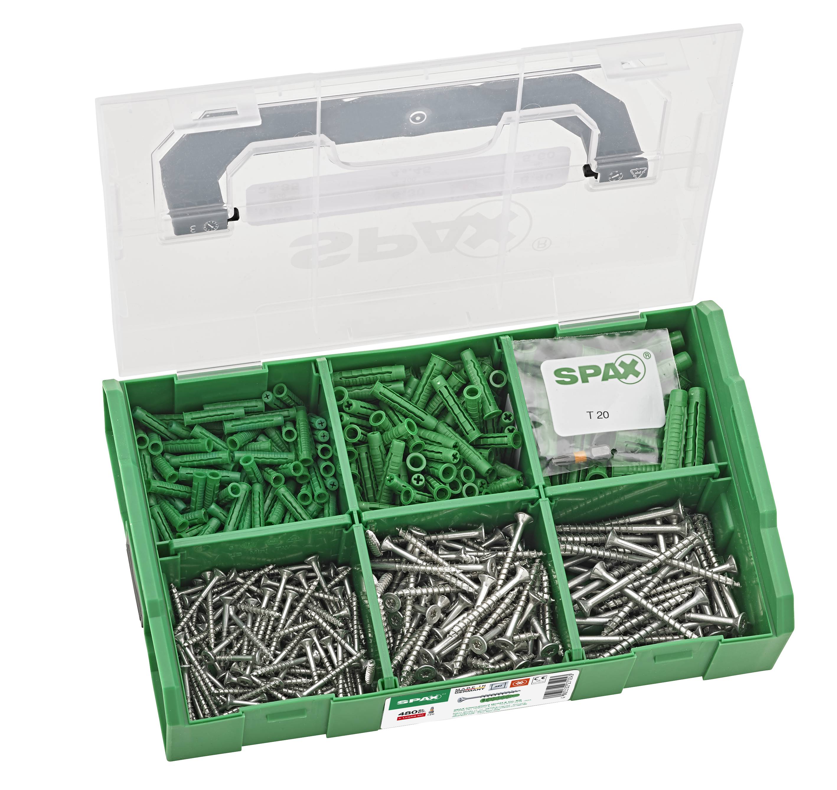 SPAX L-BOXX Mini, Dübel-Schrauben-Set mit 6 Abmessungen, inkl. 1 SPAX Bit T20 - 481 Teile