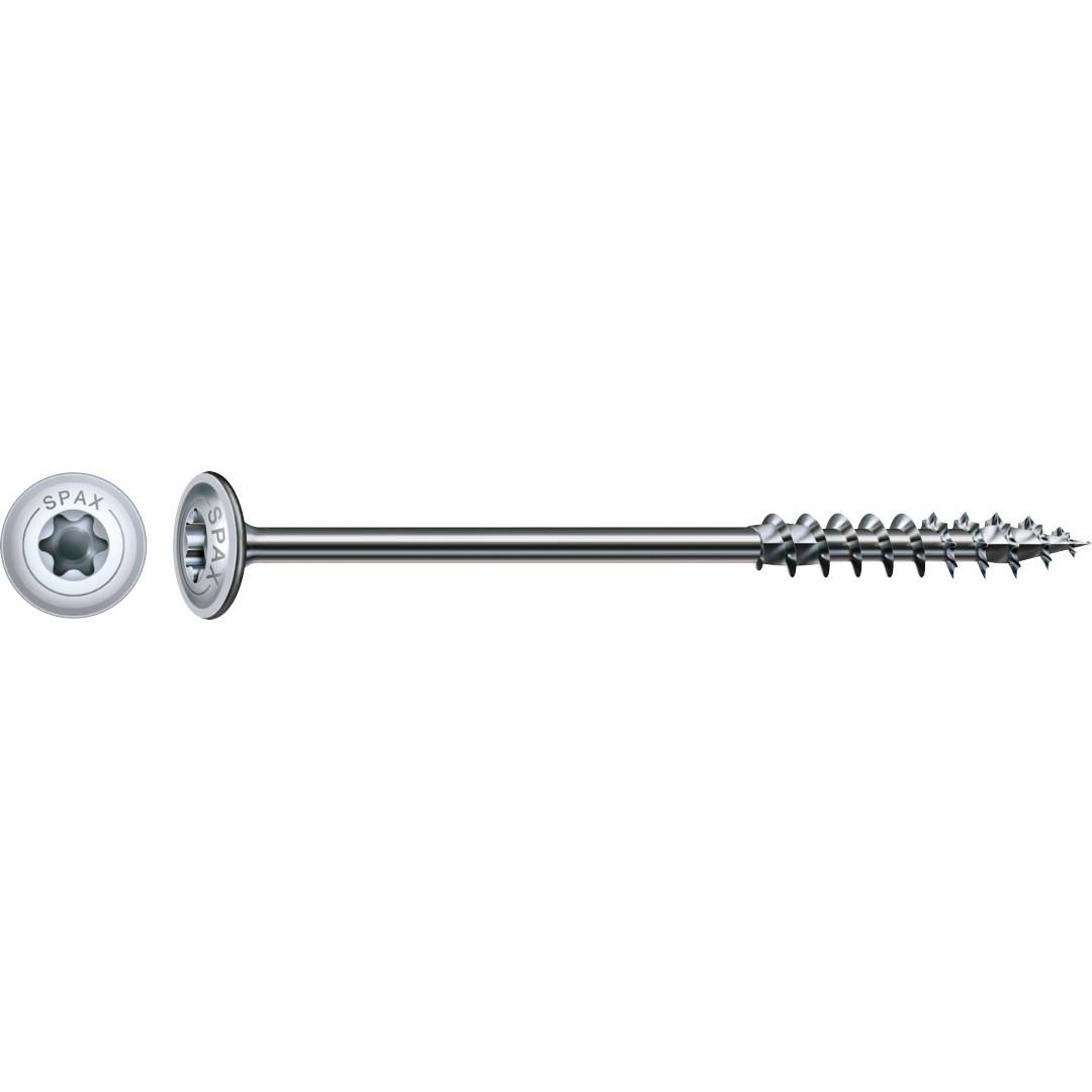 Silberne SPAX-Schraube horizontal gezeigt mit abnehmbarer Unterlegscheibe und spitzer Gewindespitze.