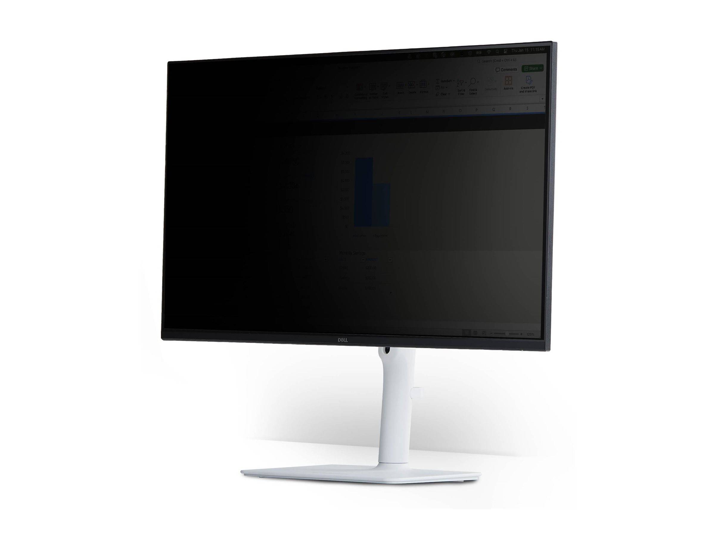 Ein schwarzer Computermonitor auf einem weißen Ständer und einer weißen Basis, dargestellt vor einem schlichten weißen Hintergrund.