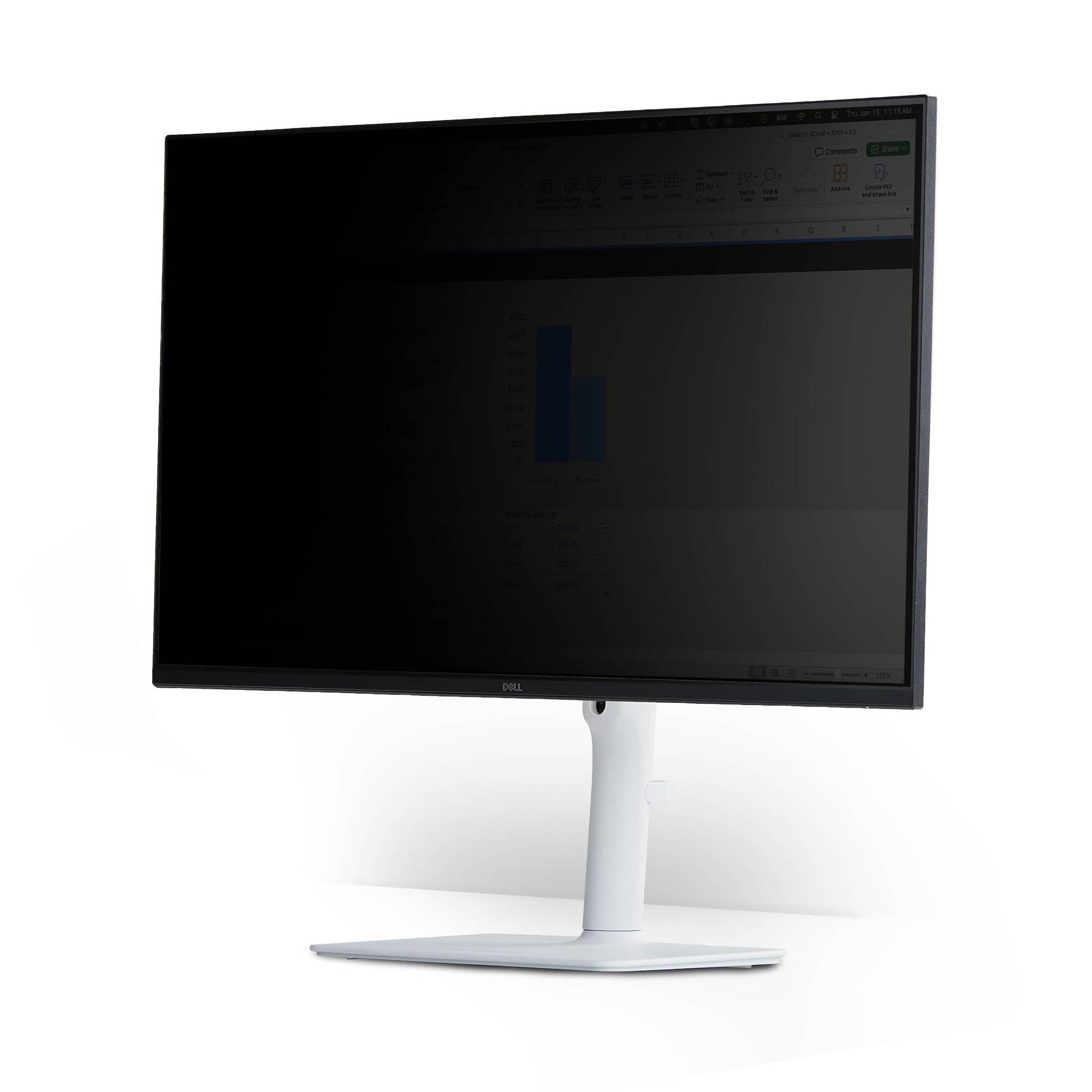 Schwarzer Dell-Computermonitor auf einem weißen Ständer vor weißem Hintergrund, schräg dargestellt mit einem schwachen Balkendiagramm auf dem Bildschirm.