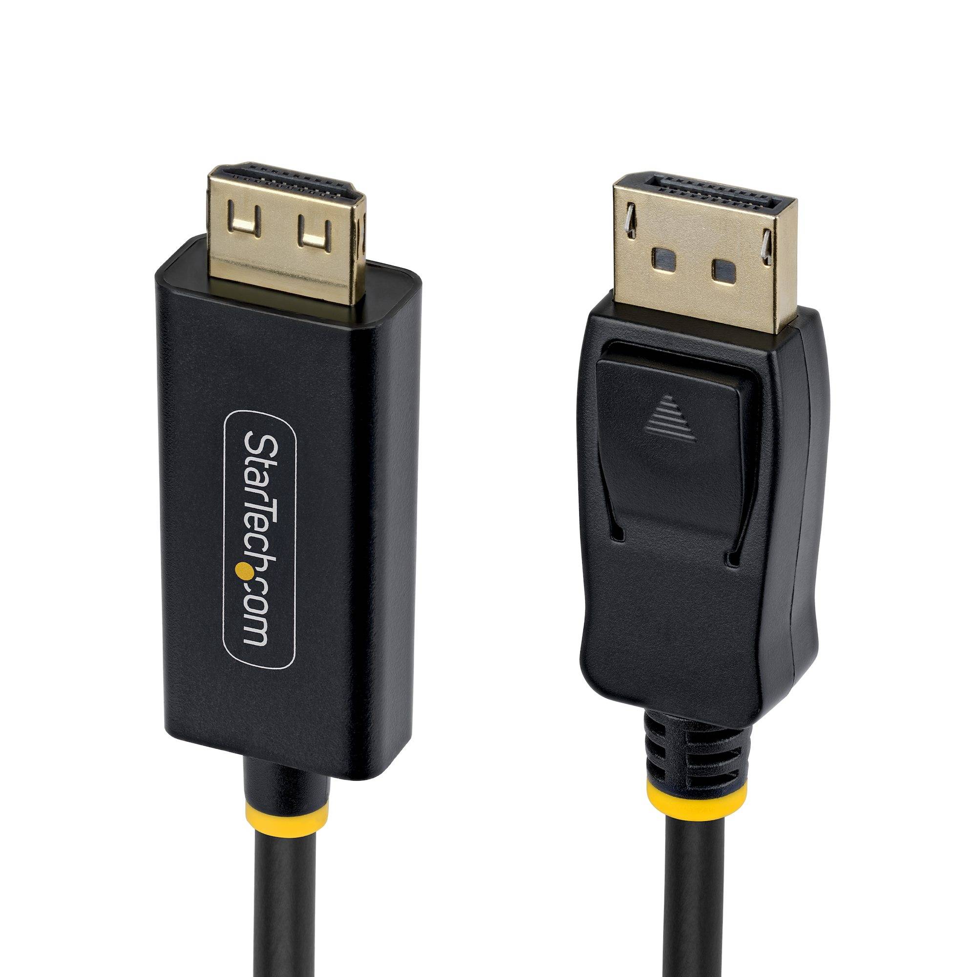 Zwei schwarze DisplayPort-zu-HDMI-Adapter mit vergoldeten Anschlüssen, einer mit der Marke StarTech.com, auf weißem Hintergrund dargestellt.