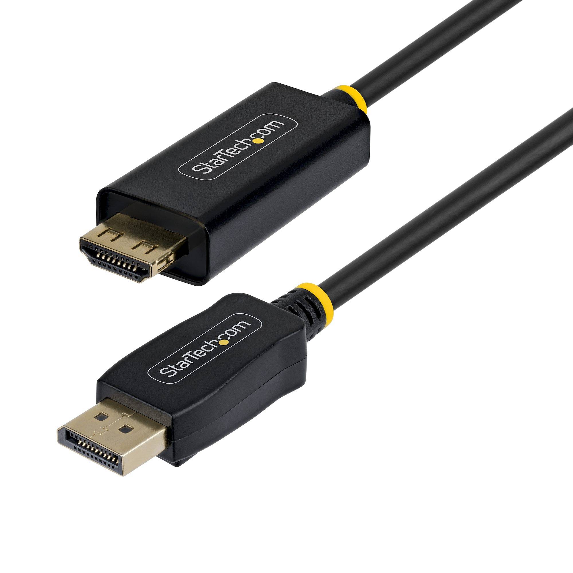 Zwei schwarze StarTech.com DisplayPort-Kabel mit männlichen Anschlüssen auf weißem Hintergrund dargestellt.