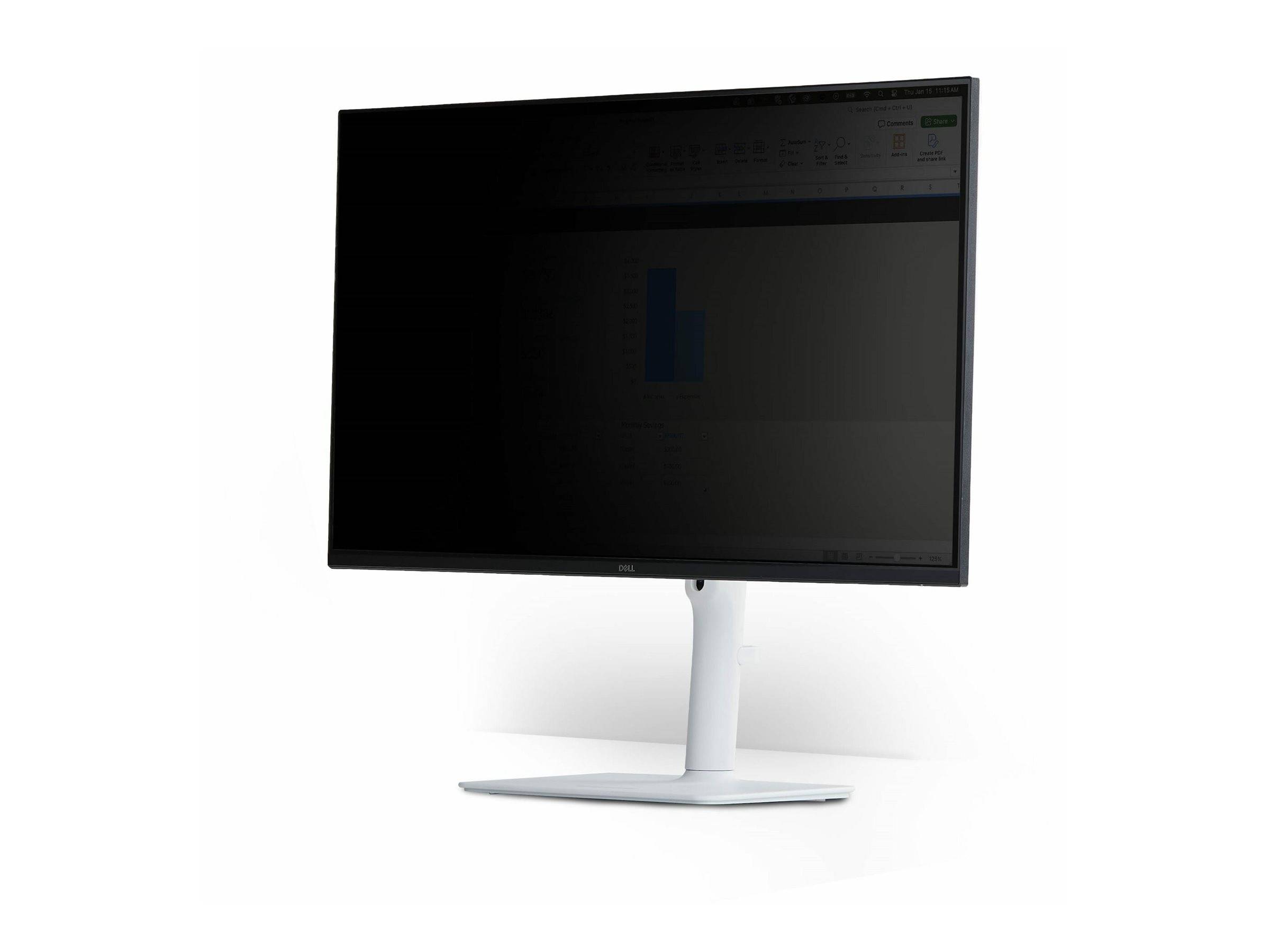 Ein schwarzer flacher Computermonitor auf einem weißen Ständer vor weißem Hintergrund.