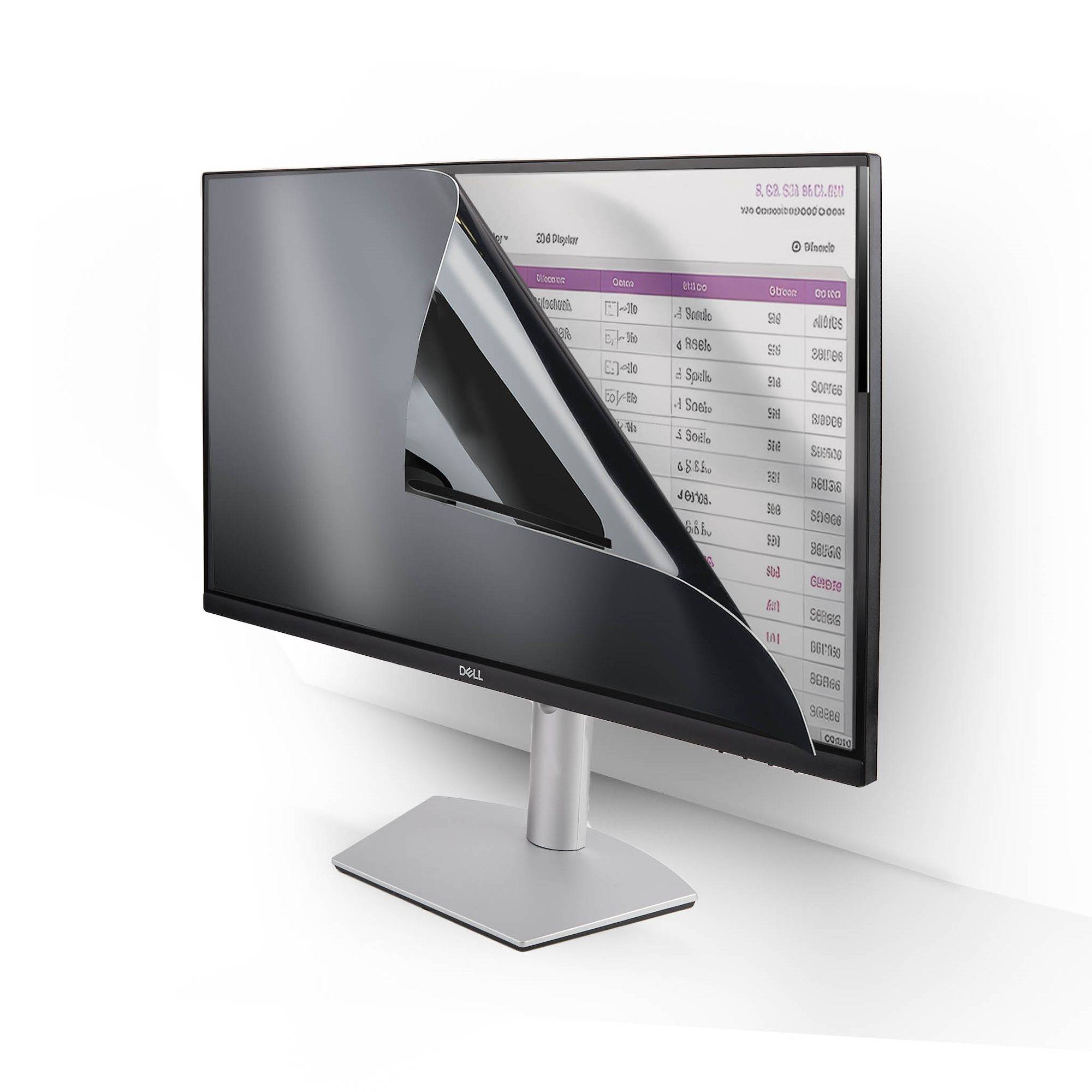 Dell-Monitor mit einem abziehendem glänzenden Bildschirm, der eine Tabellenkalkulationsschnittstelle darunter zeigt, auf einem Ständer vor weißem Hintergrund