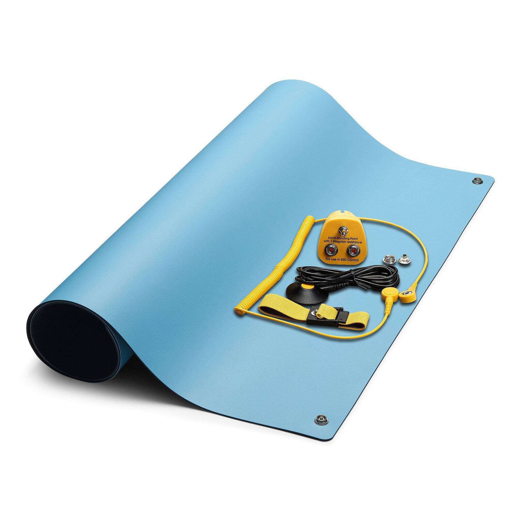 ESD-Tischmatten Set L Pro, blau, 1200 x 600 mm, 5-teilig, 2x 10 mm Druckknopf