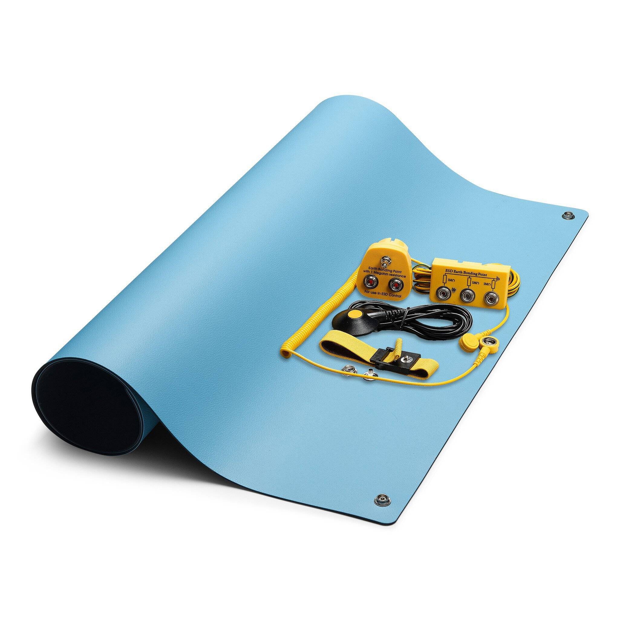 ESD-Tischmatten Set M ProPlus, blau, 900 x 600 mm, 6-teilig, inkl. Erdungspunkt
