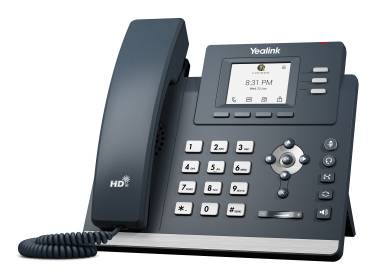 Schwarzes Yealink-Schreibtischtelefon mit Hörer, Tastenfeld, kleinem Display und Spiralkabel auf weißem Hintergrund.