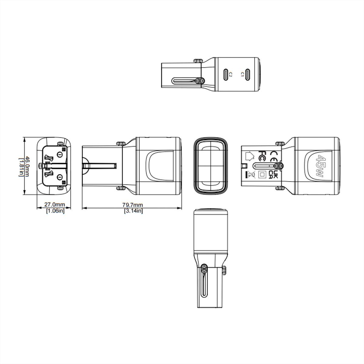 Technische Strichzeichnung eines kompakten USB-C-Netzteils mit mehreren Ansichten und Abmessungen, bezeichnet mit 45W, 79,7 mm Länge und 27,0 mm Breite.