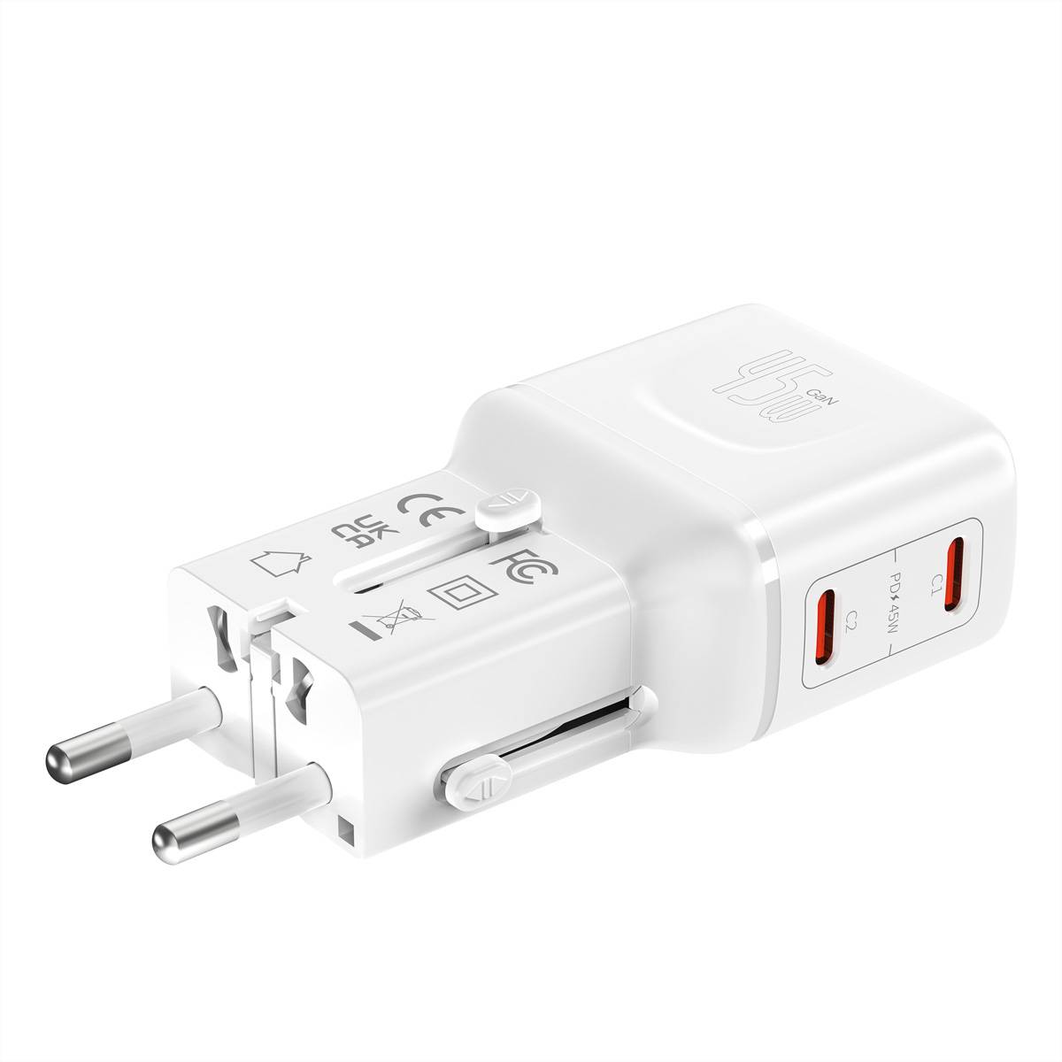 Weiße Reisesteckdosenadapter mit zwei runden Stiften, mehreren Steckertypen und zwei USB-C-Ladeanschlüssen.
