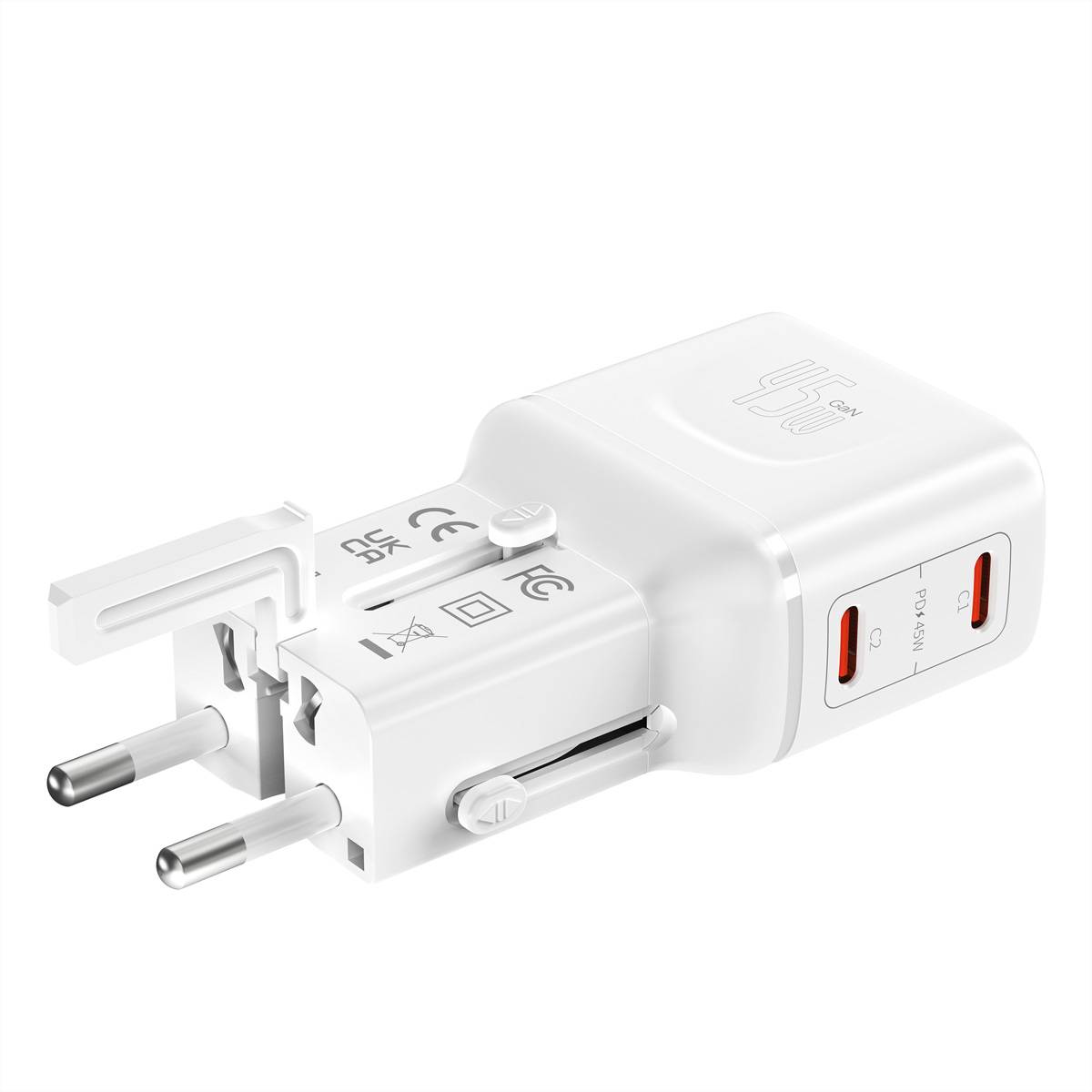Weißer universeller Reisestecker-Adapter mit zwei runden Stiften und USB-Ladeanschlüssen, gezeigt auf schlicht weißem Hintergrund.