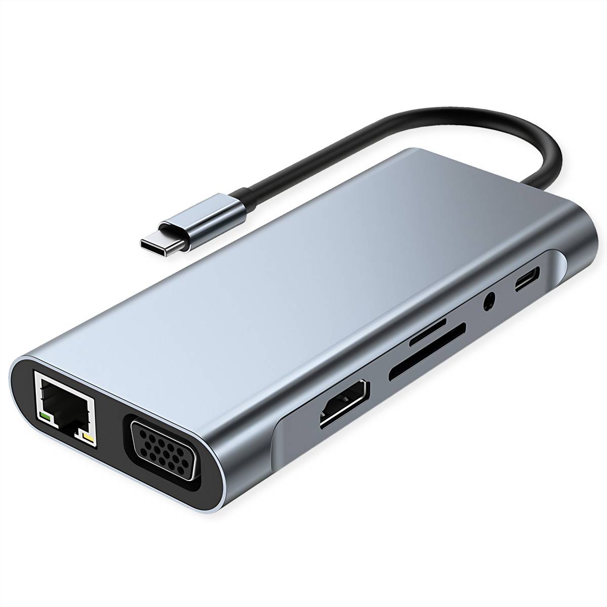USB-C-Hub-Adapter mit Ethernet-Anschluss, VGA, HDMI, SD-Kartensteckplatz und USB-C-Kabel, das mit dem Gerät verbunden ist.
