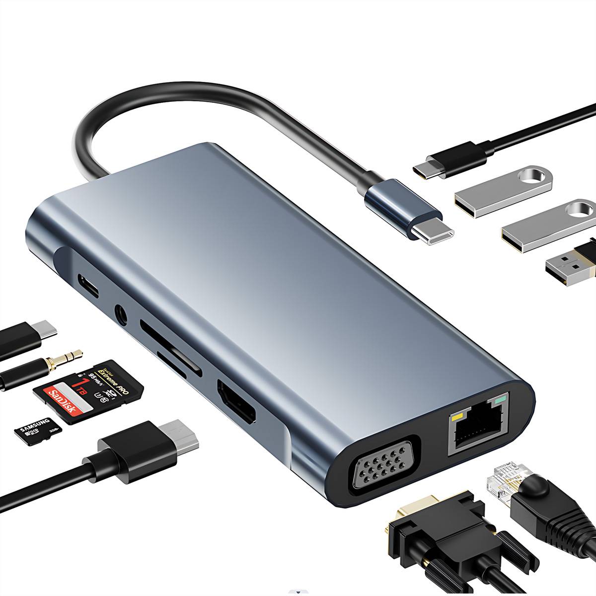 USB-C-Hub-Adapter mit Ethernet, HDMI, VGA, SD- und microSD-Kartensteckplätzen, USB-Anschlüssen und USB-C-Aufladung, abgebildet mit verbundenen Kabeln und Steckern.