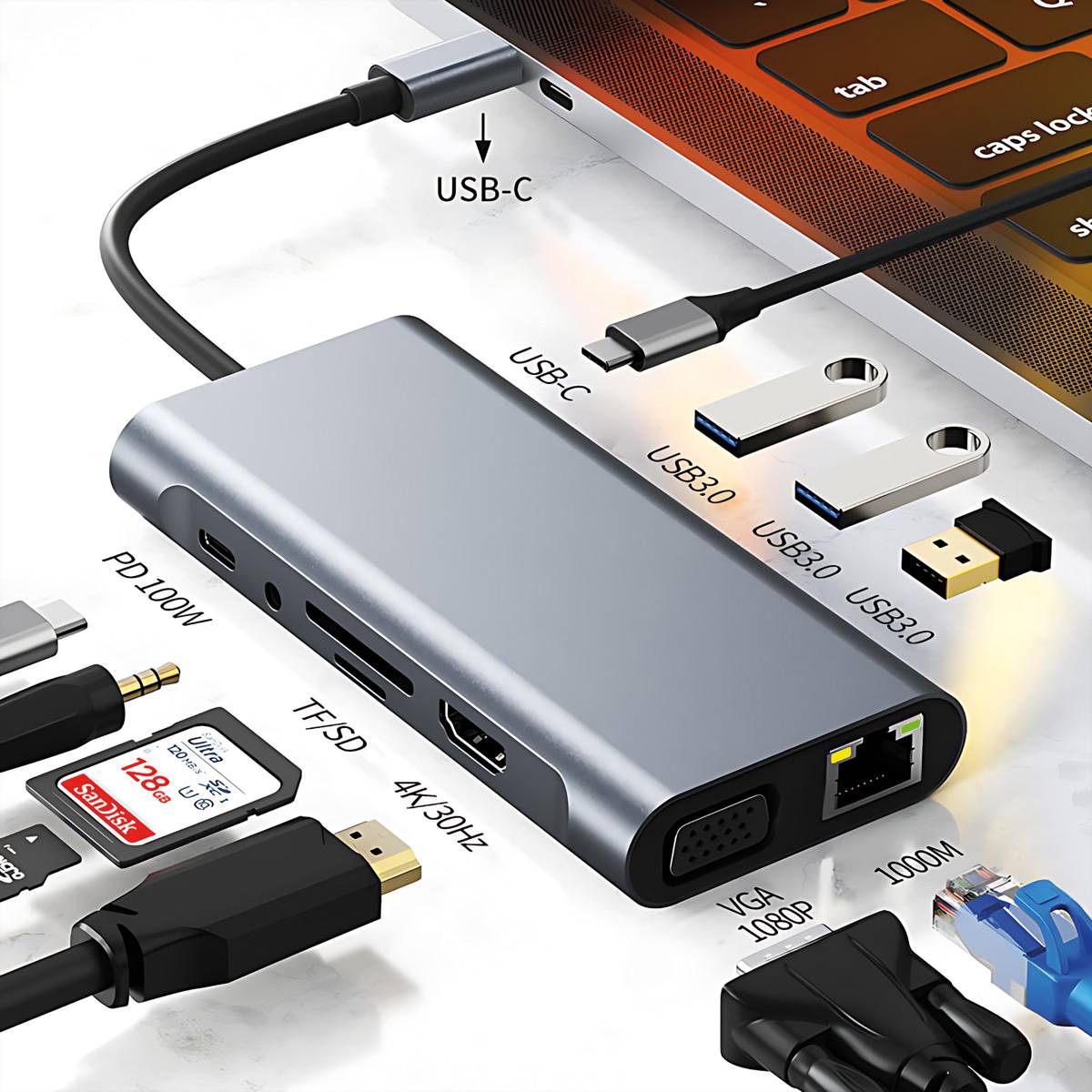 USB-C-Laptop-Dockingstation mit mehreren Anschlüssen, einschließlich USB-C, USB 3.0, HDMI/VGA, Ethernet, SD-Kartensteckplatz und Audioverbindungen.