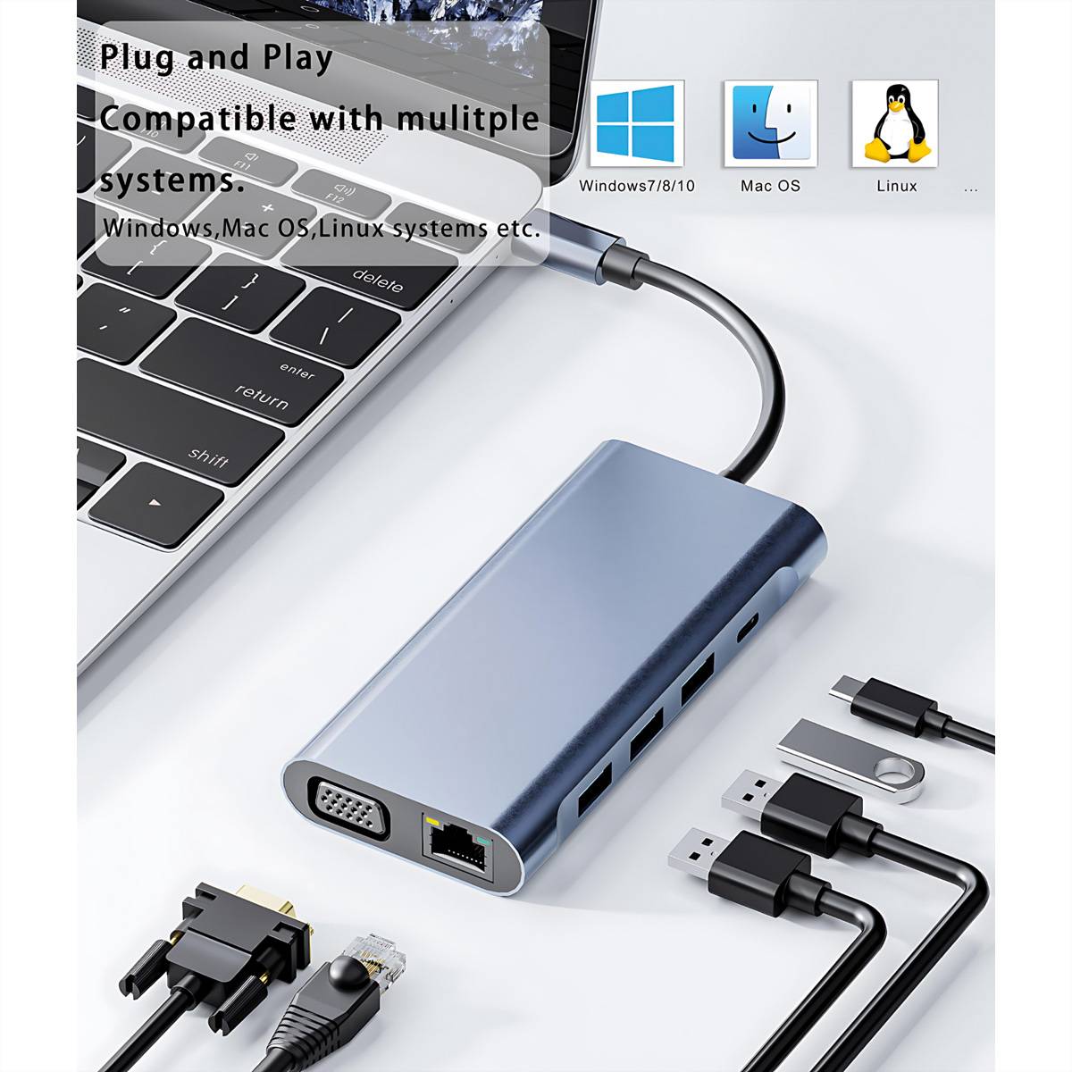USB-C-Laptop-Hub mit VGA, Ethernet, USB-Anschlüssen und Stromeingang, verbunden mit einem Laptop mit Plug-and-Play-Kompatibilität für Windows, Mac OS und Linux.