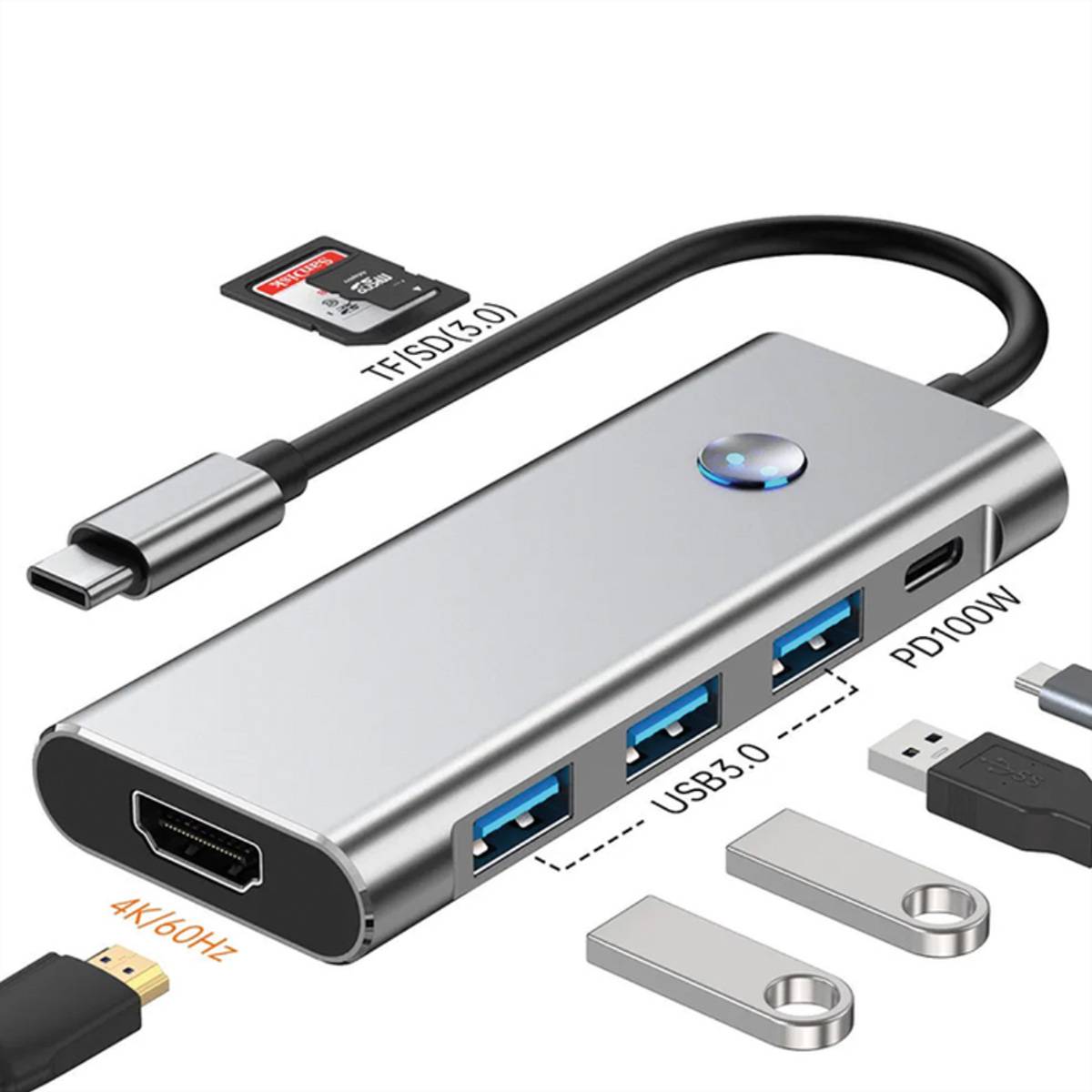 USB-C-Hub-Adapter mit HDMI, drei USB-3.0-Anschlüssen, 100W-PD-Ladefunktion, SD-Kartensteckplatz und mitgelieferten USB-C- und USB-A-Anschlüssen.
