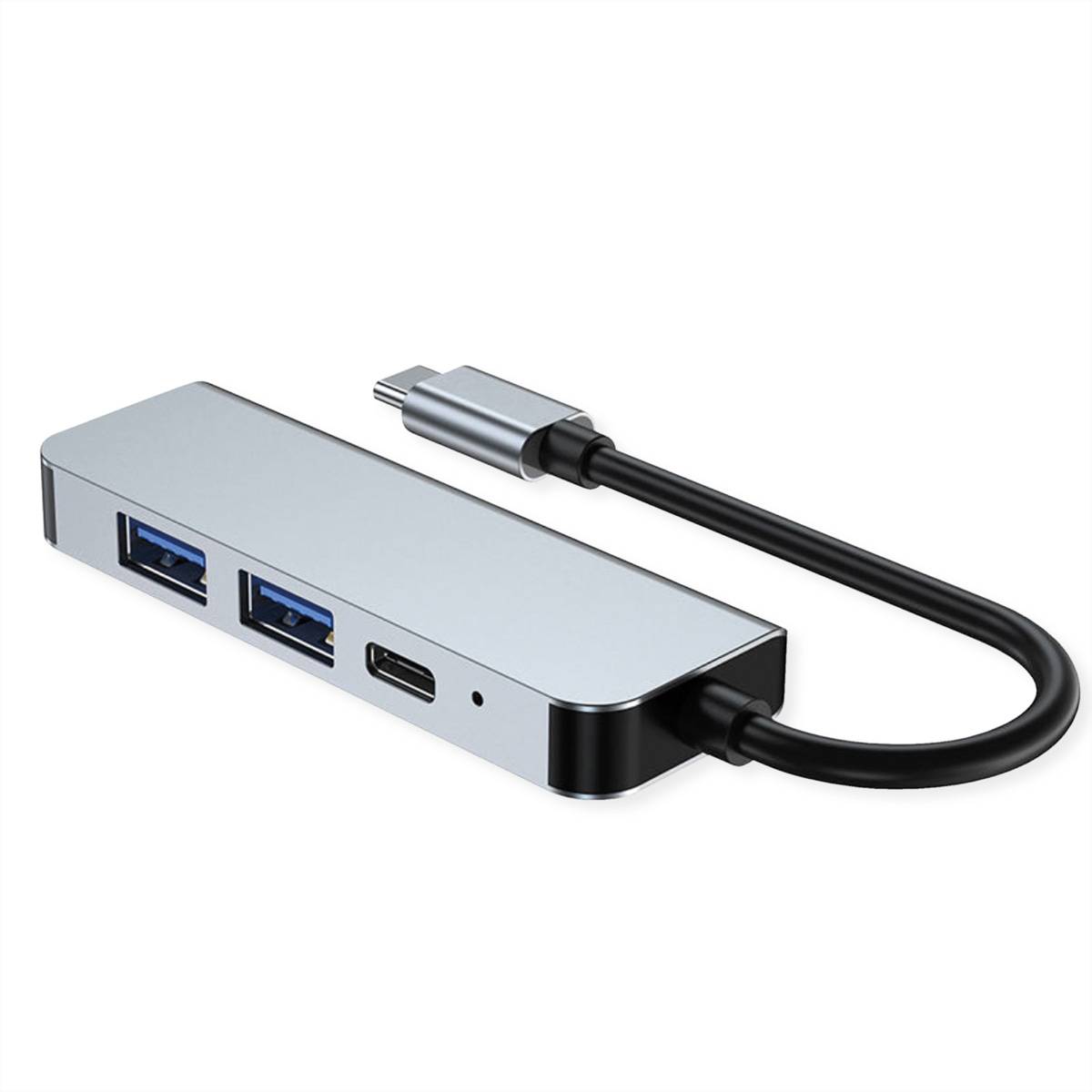 USB-C-Hub mit zwei USB-A-Anschlüssen und einem USB-C-Anschluss, verbunden durch ein kurzes Kabel auf weißem Hintergrund.