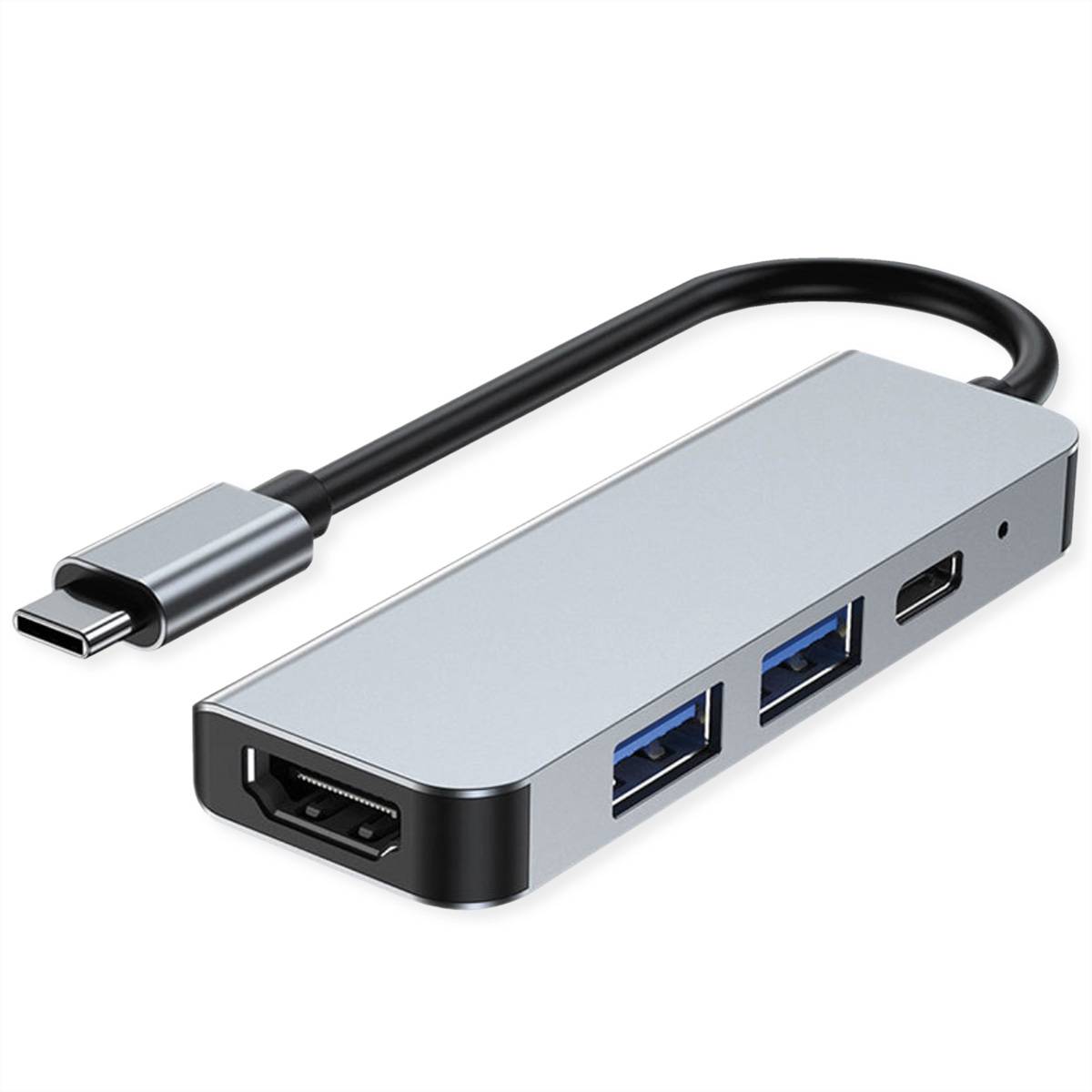 USB-C-Hub mit HDMI, zwei USB-A-Anschlüssen und einem USB-C-Ein-/Ausgangskabel.