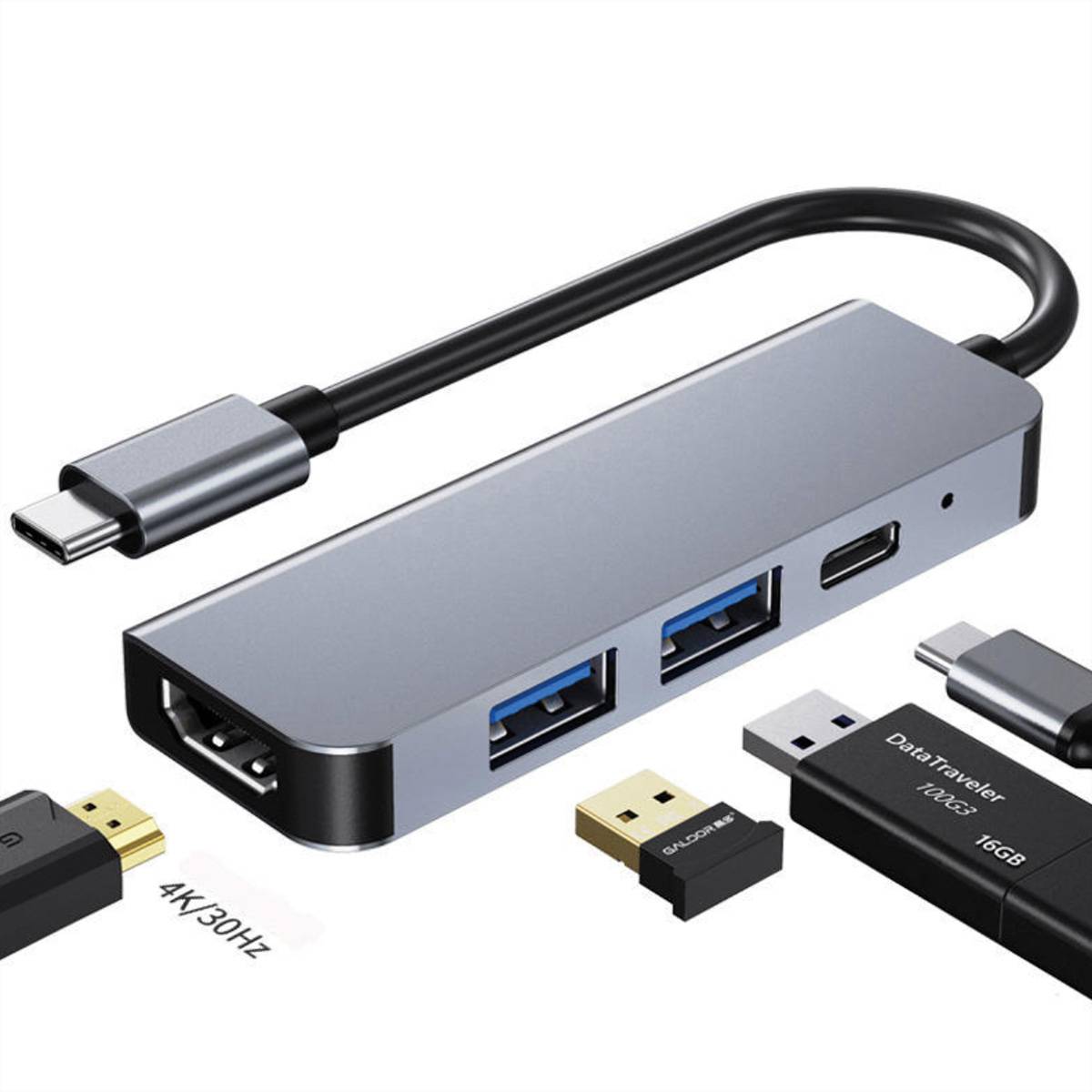 USB-C-Hub mit HDMI, zwei USB-A-Anschlüssen, USB-C-Anschluss und Kartensteckplatz, gezeigt mit mehreren USB-Adaptern und einer Bezeichnung für 4K 30Hz.