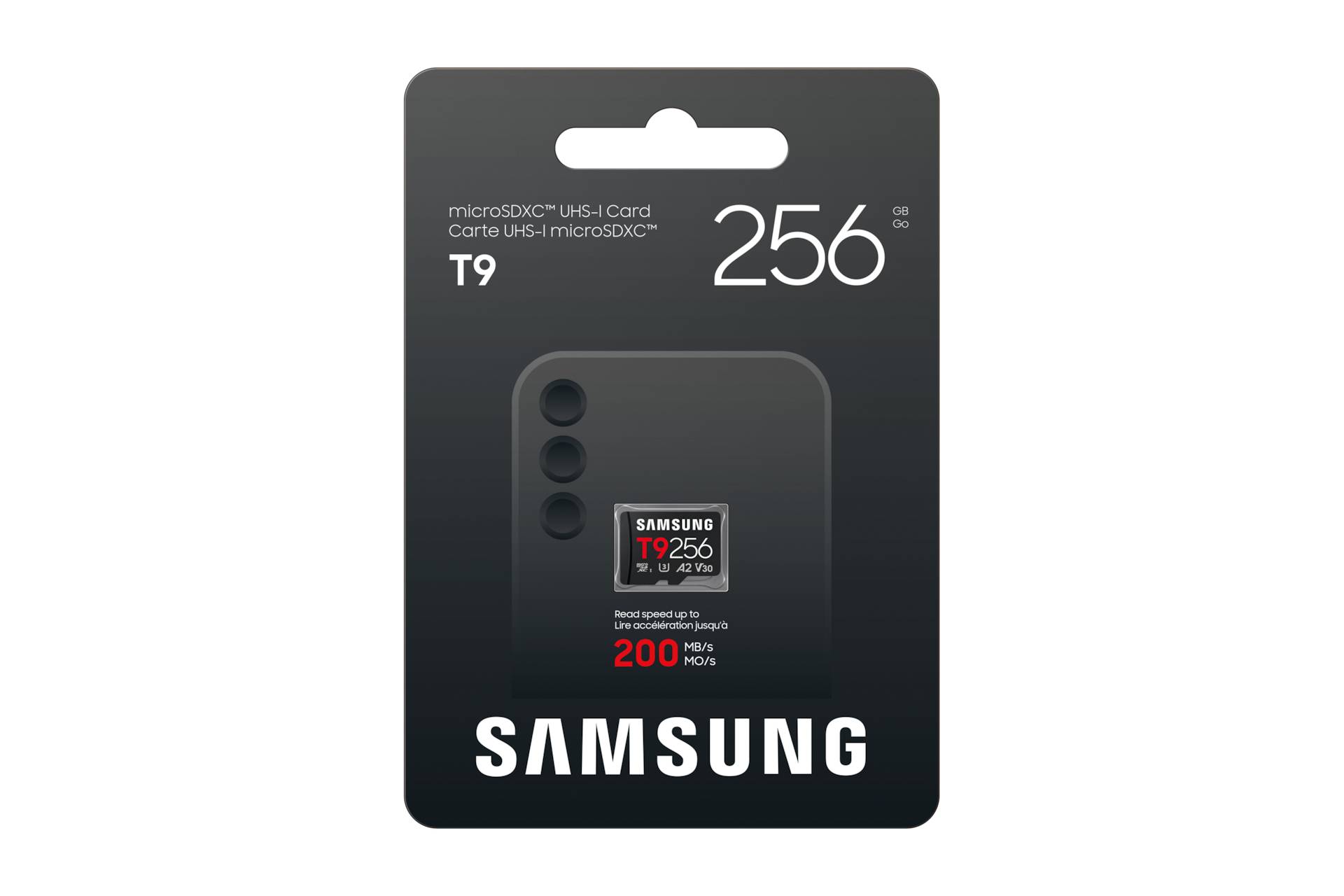 Samsung T9 256GB microSDXC UHS-I Speicherkarte in dunkelgrauer Einzelhandelsverpackung.