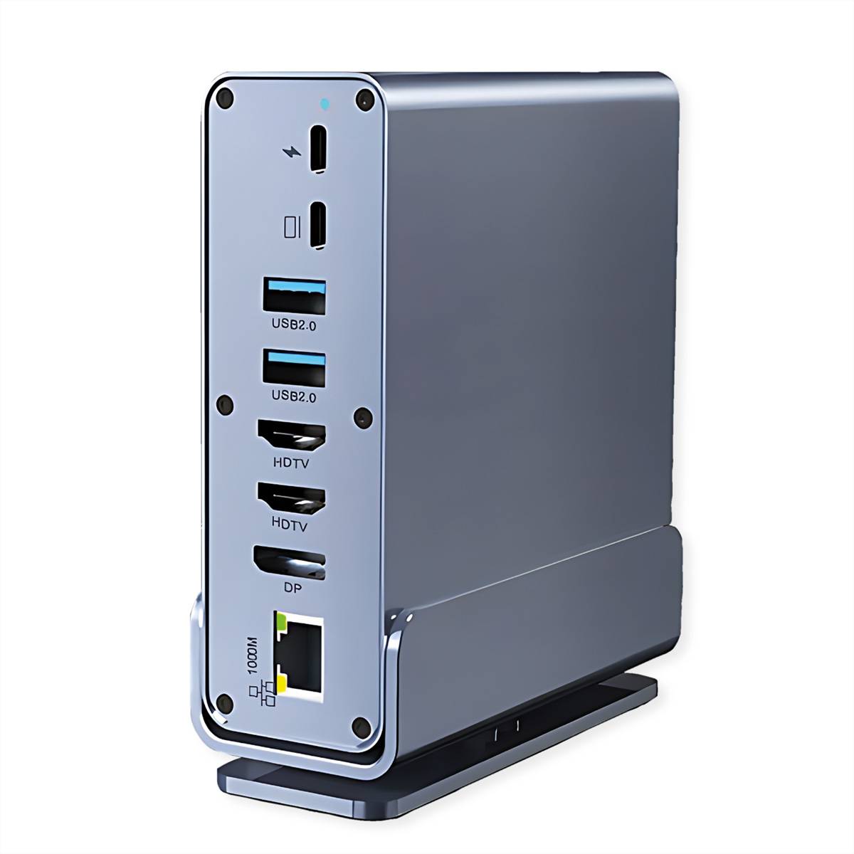 Kompakte Dockingstation mit USB-C, USB-A, dualem HDMI, DisplayPort und Ethernet-Anschlüssen auf einem vertikalen Schreibtischständer.