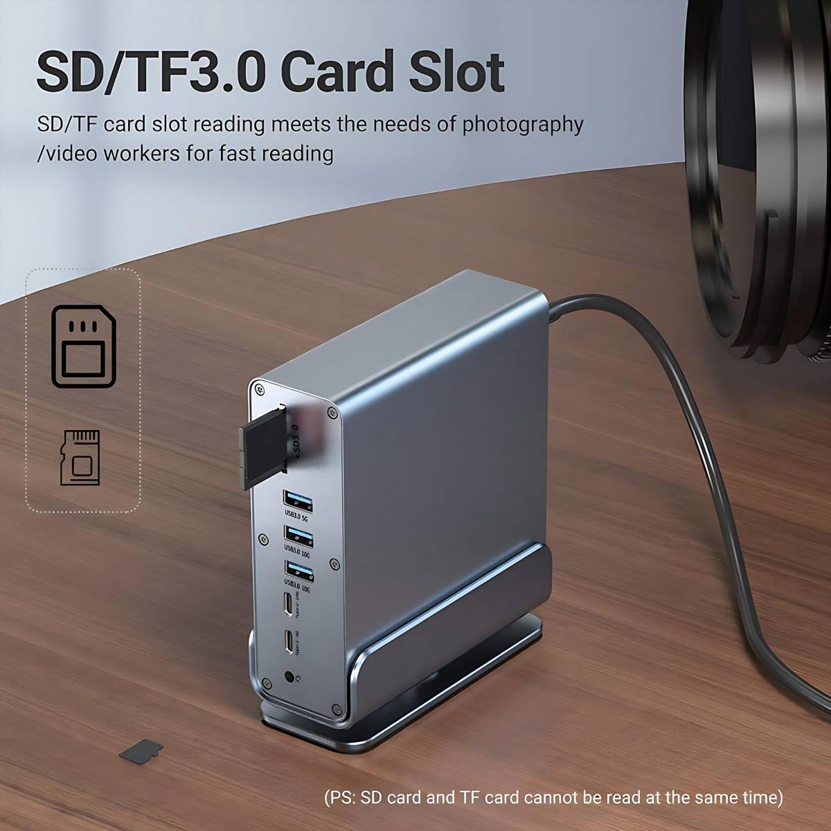 Produktanzeige, die ein Kartenleser-Dock mit eingelegter SD-Karte, mehreren Anschlüssen und dem Text „SD/TF3.0 Card Slot