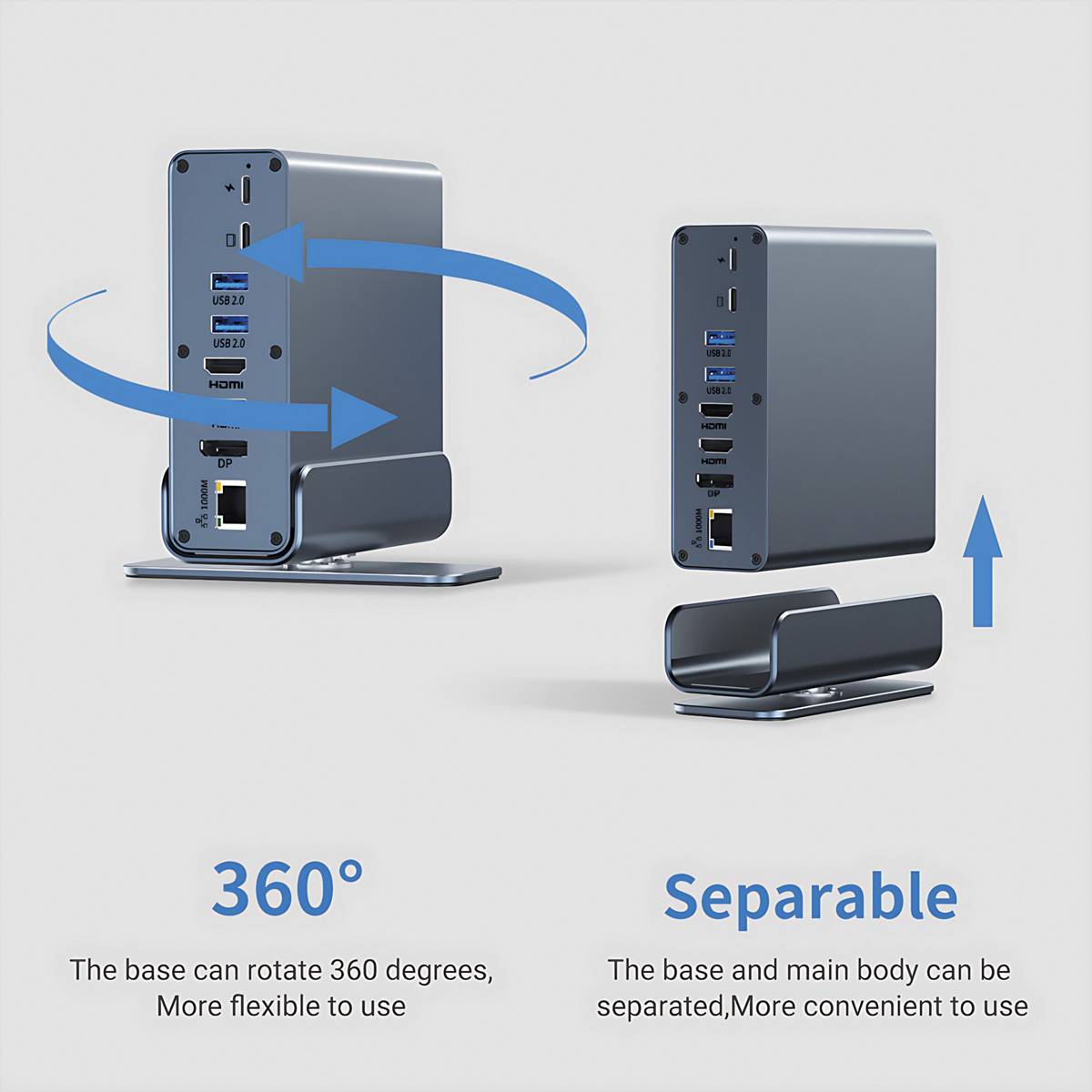 Produktbild mit einem kompakten Computerdock mit einer 360°-Drehbasis und einer abnehmbaren Basis für flexible Nutzung.