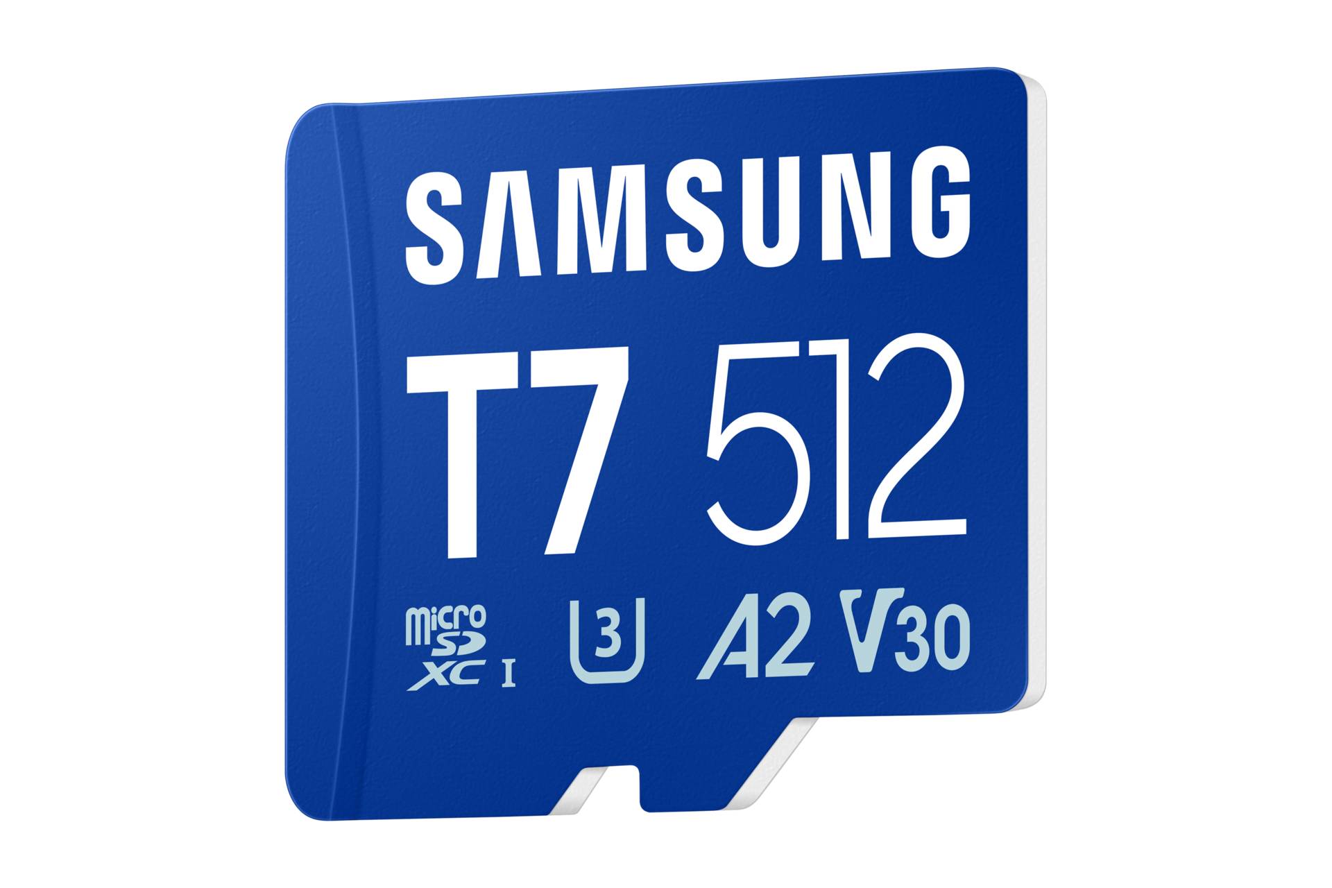 Blaue Samsung 512GB microSD-Karte mit den Aufschriften „T7
