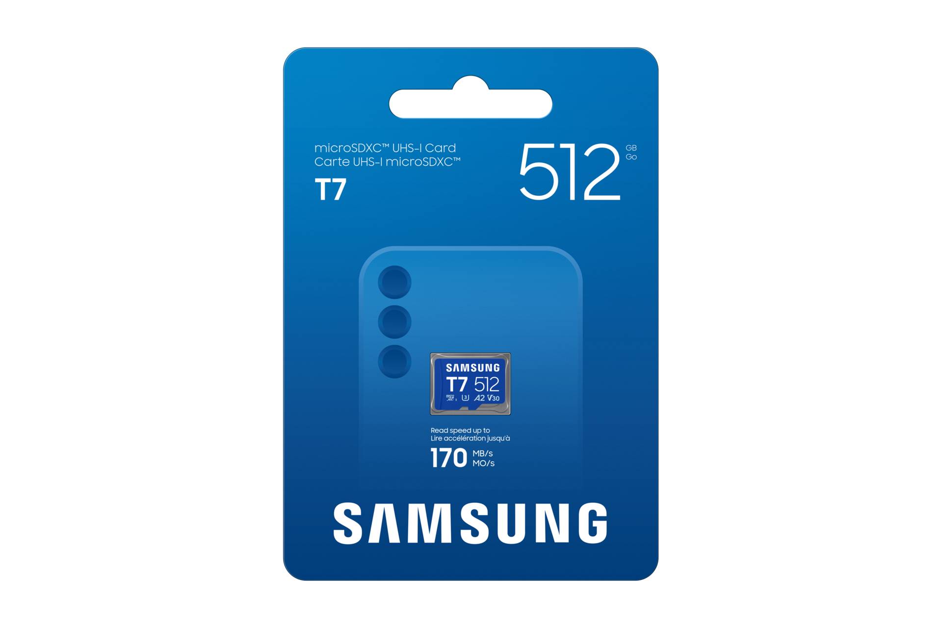 Samsung T7 512GB tragbare SSD in Blau mit USB 3.2 microSDXC/Speicherkarten-Branding und Samsung-Logo.