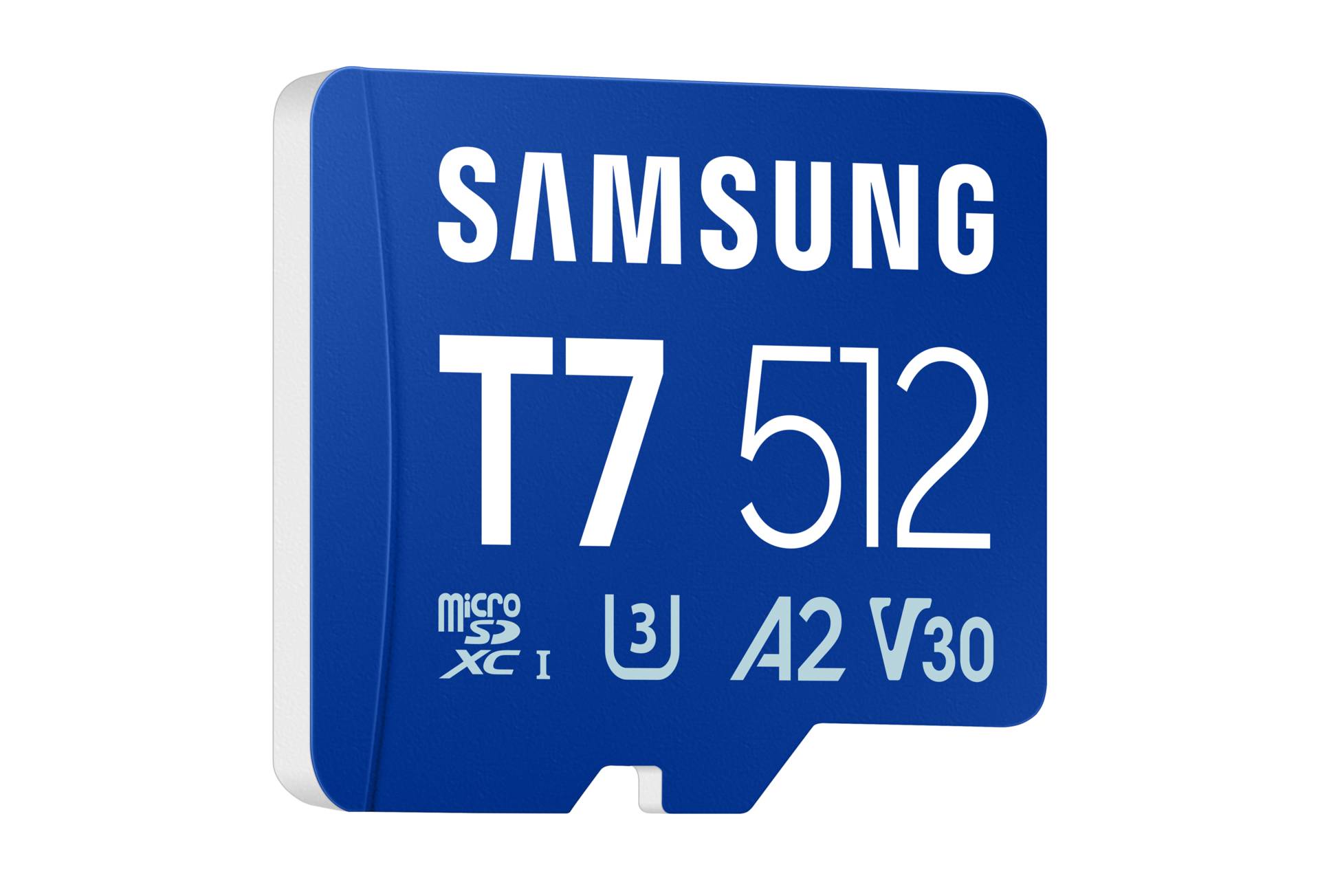 Samsung T7 512GB microSD-Karte, blaue und weiße Verpackung mit „A2 V30