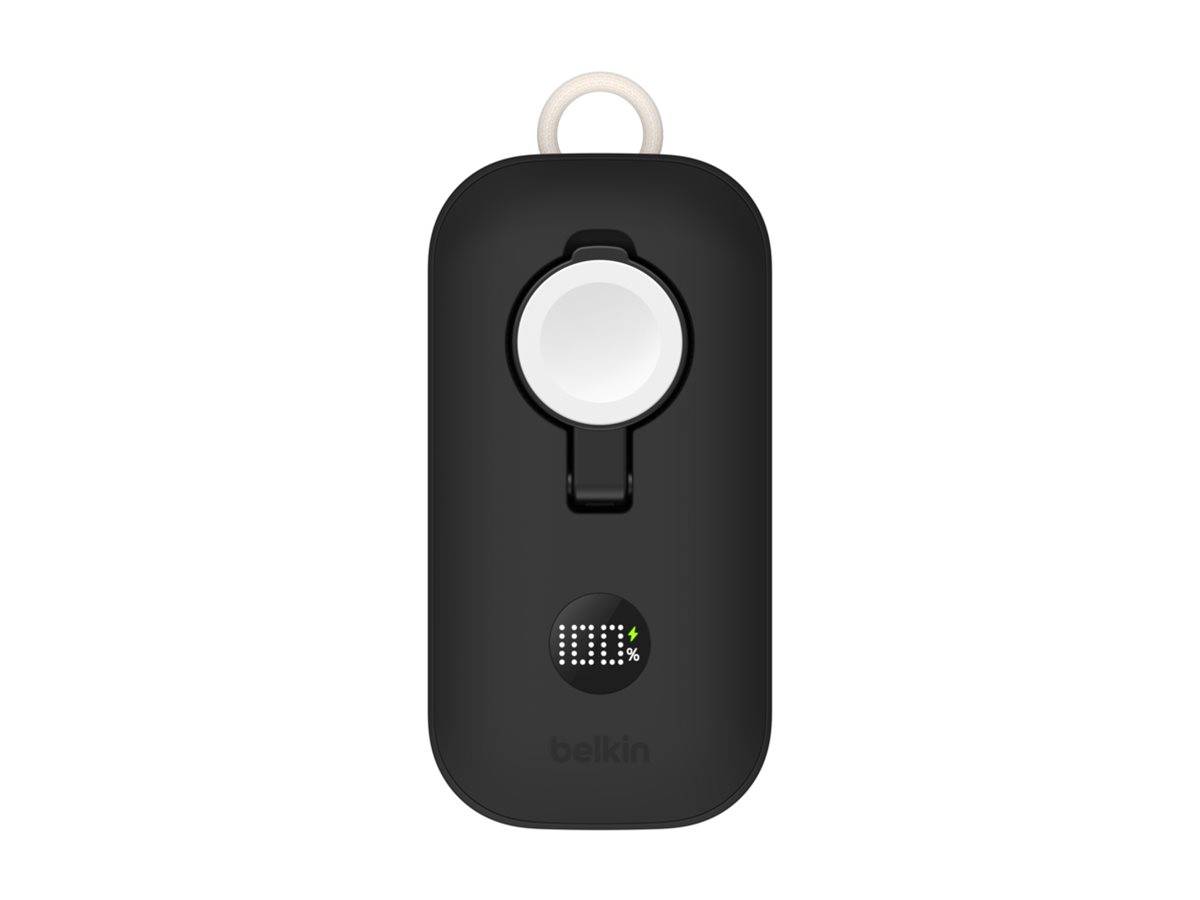 Schwarzes Belkin Bluetooth-Tracking-Tag mit weißem kreisförmigem Clip/Knopf und kleiner LED-Statusanzeige auf schlicht weißem Hintergrund