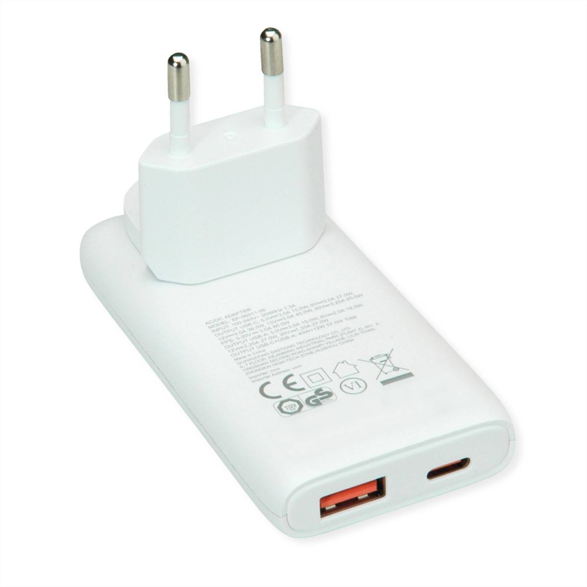 VALUE USB Charger mit Euro-/US-Stecker, 2 Ports Typ A+C, 65W
