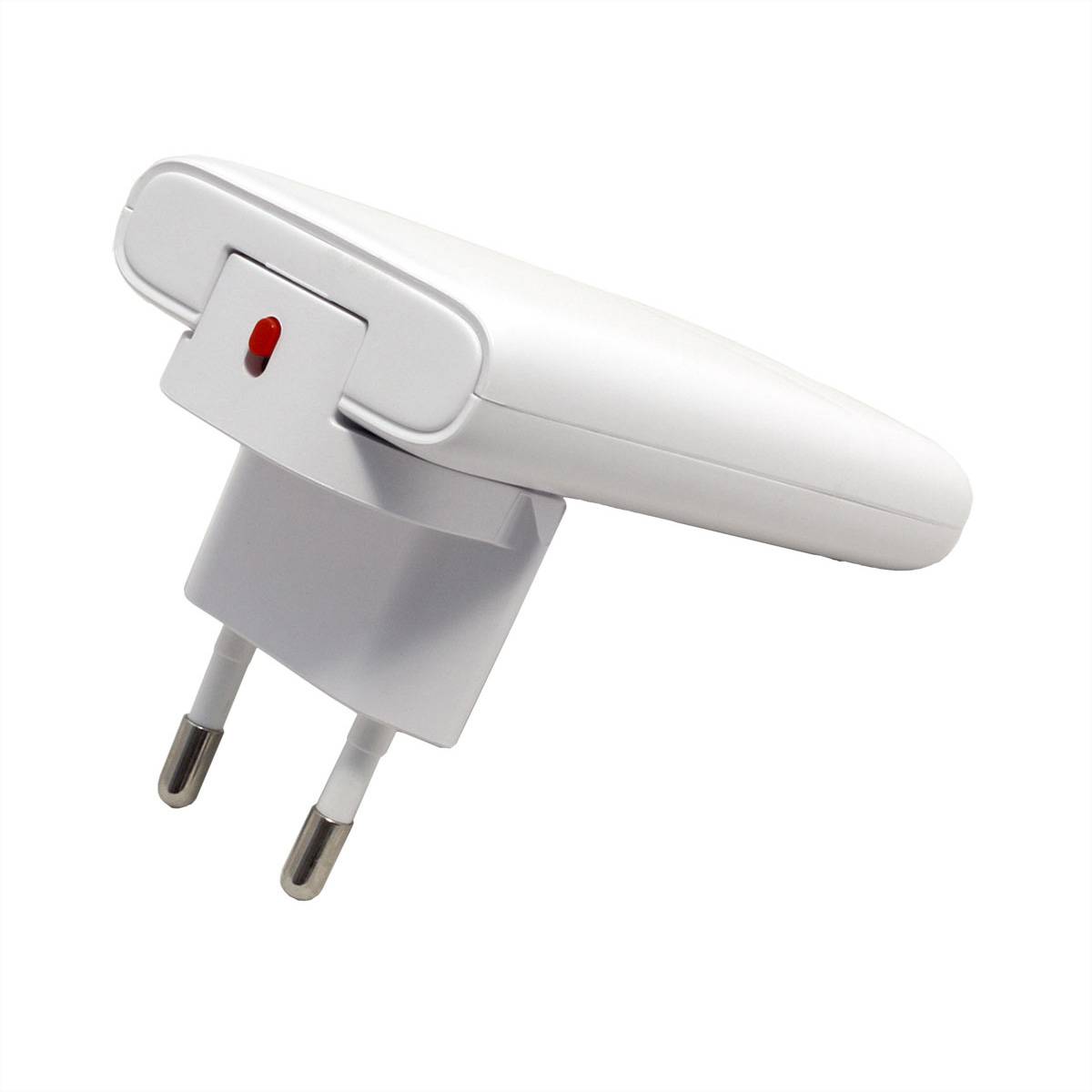 Weißes Stecker-Elektrogerät mit zwei Stiften, dargestellt vor einem schlichten Hintergrund.