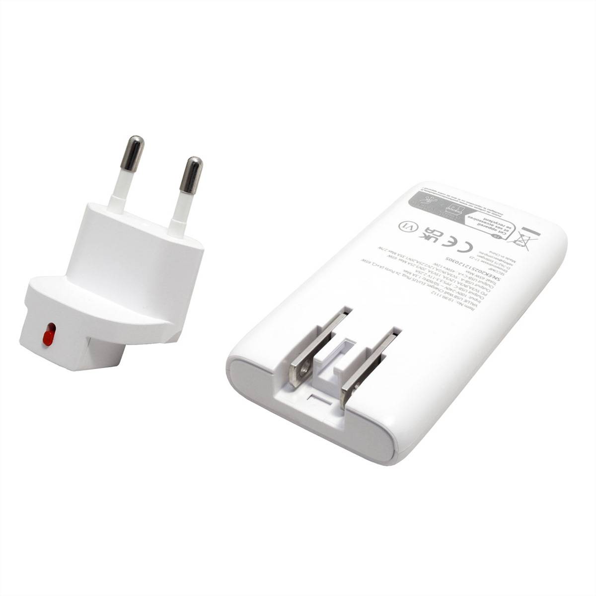 Weiß Stecker-Batterieladegerät mit zweipoliger europäischer Stromstecker und integrierter ausziehbarer Anschlusswiege.