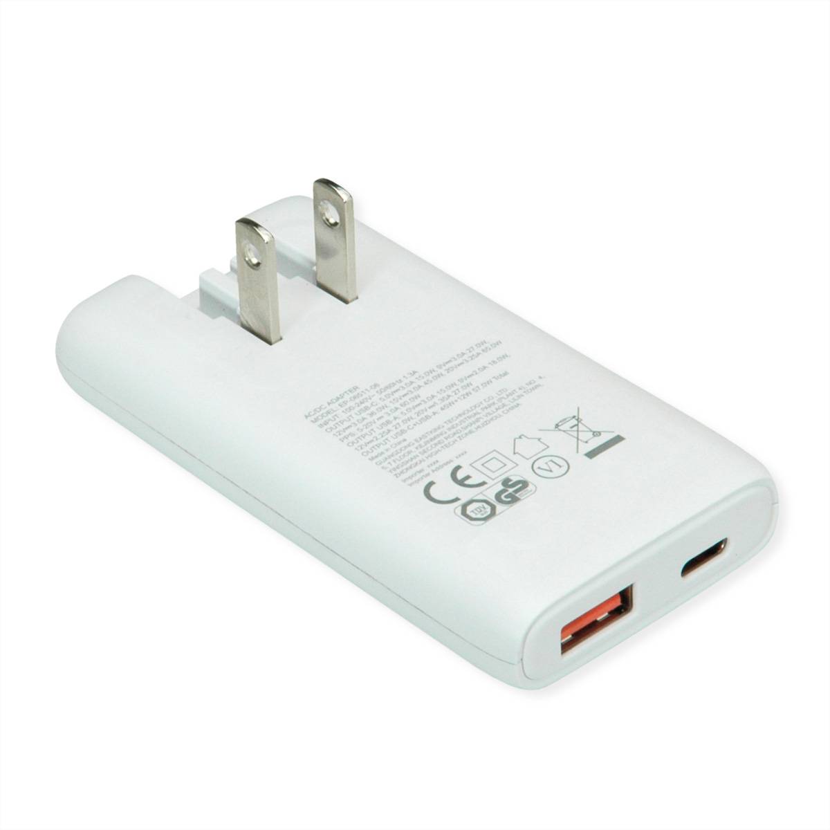 VALUE USB Charger mit Euro-/US-Stecker, 2 Ports Typ A+C, 65W