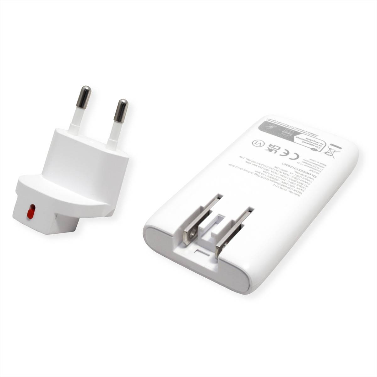 Weißer USB-Stromadapter mit zweipoliger Steckdose und abnehmbarem Akkupack, nebeneinander auf weißem Hintergrund angezeigt.