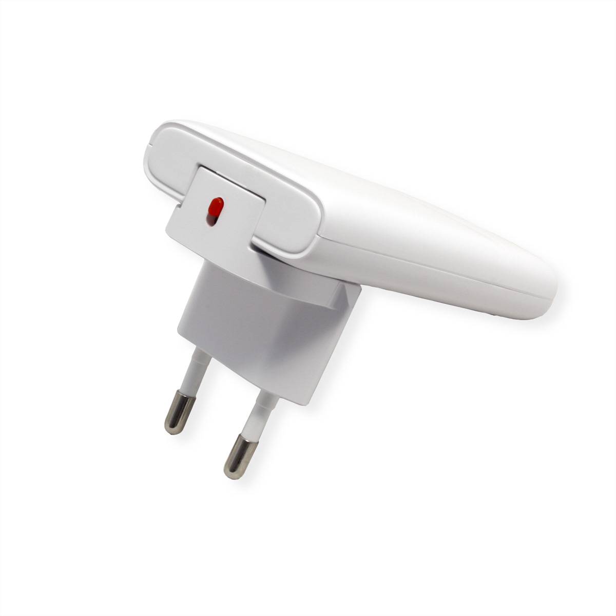 Weißer Stecker-Elektroladapter mit zwei runden Stiften und einem kleinen roten Anzeigelicht auf einem schlichten weißen Hintergrund.