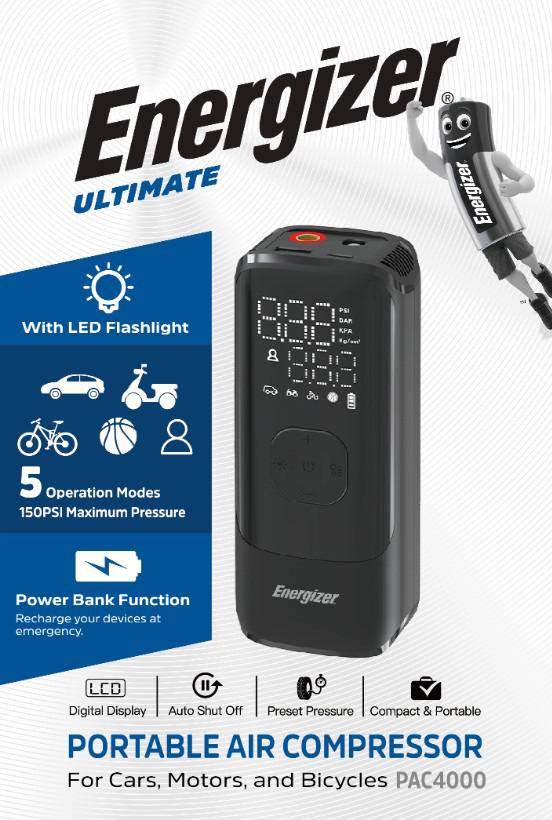 Energizer Akku Luftkompressor, PAC4000, 150 PSI, 2.000mAh Kompressor, Powerbank, LED-Leuchte, Retail