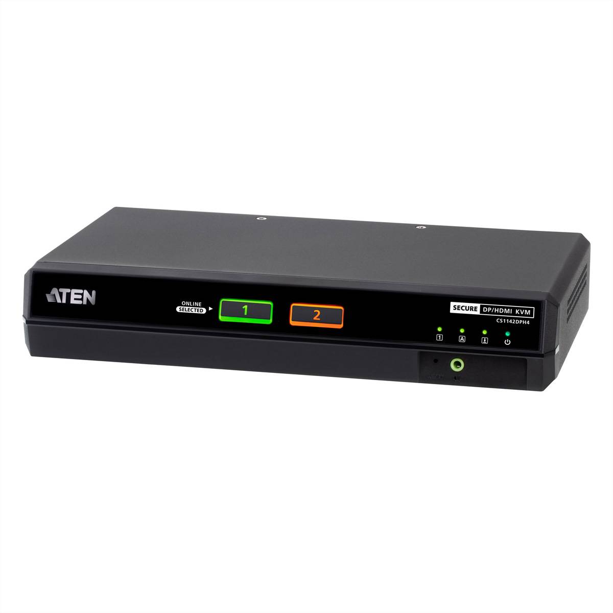 ATEN Secure 2-Port KVM-Schalter mit Frontschaltflächen mit den Bezeichnungen 1 und 2 und Statusleuchten.