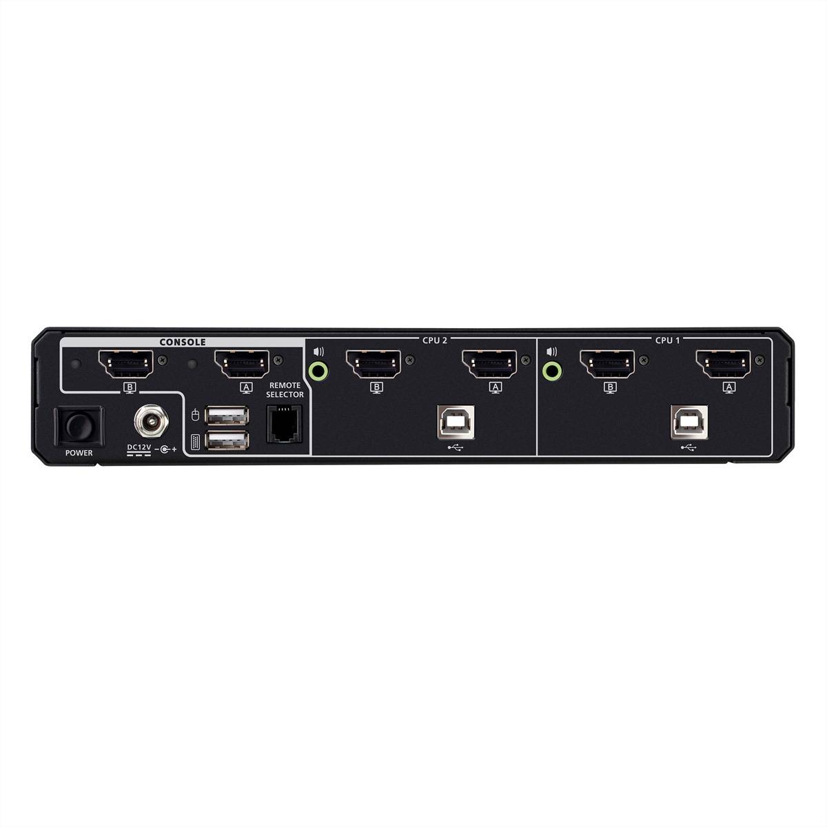 Rückansicht eines KVM-Schalters mit Stromeingang, Konsolbereich und zwei CPU-Abschnitten mit den Bezeichnungen CPU 2 und CPU 1, von denen jeder mit Verbindungsanschlüssen ausgestattet ist.