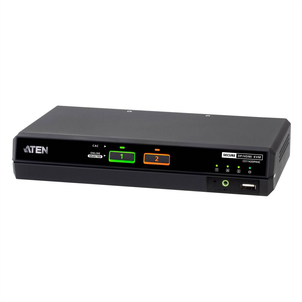 Schwarzer ATEN Secure DPHDMI KVM-Schalter mit Schaltflächen auf der Frontplatte mit den Bezeichnungen 1 und 2, Statusanzeigen-LEDs, Audiobuchse und USB-Anschluss.