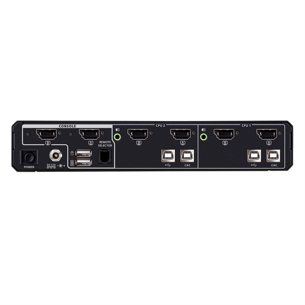Vorderansicht eines KVM-Switch-Rückpanels mit Konsolen-, CPU-2- und CPU-1-Anschlüssen, Netzschalter, USB-, Video- und Audioverbindungen.