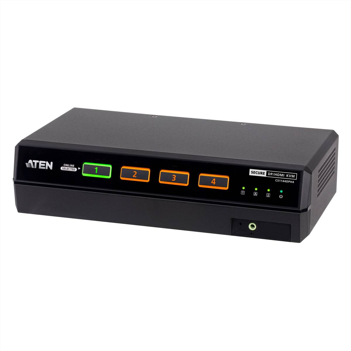 ATEN Secure 4-Port HDMI KVM-Umschalter mit nummerierten Frontpanel-Tasten und Status-LEDs in einer schwarzen Desktop-Einheit.