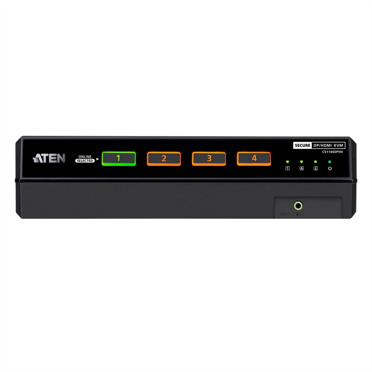 ATEN Secure DPHDMI KVM-Umschalter mit vier nummerierten Kanaltasten und Statusleuchten auf einem schwarzen Bedienfeld.