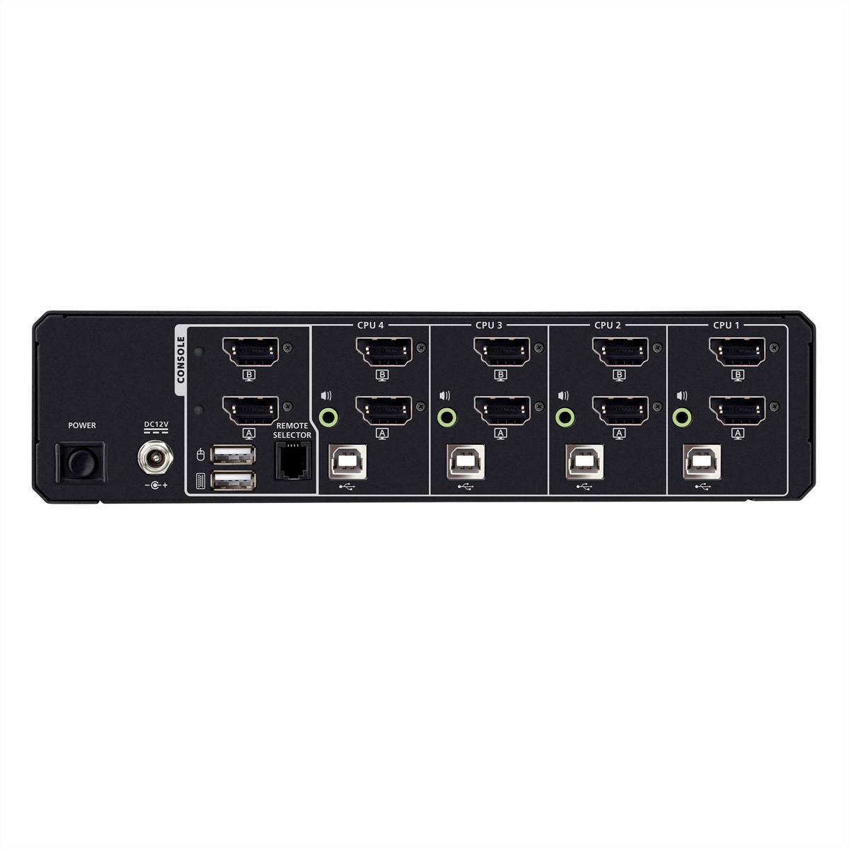 Rückansicht eines Multiport-Videoschalters/Steuergeräts mit Stromschalter, Konsolenports und vier beschrifteten CPU-HDMI-Eingabebereichen.