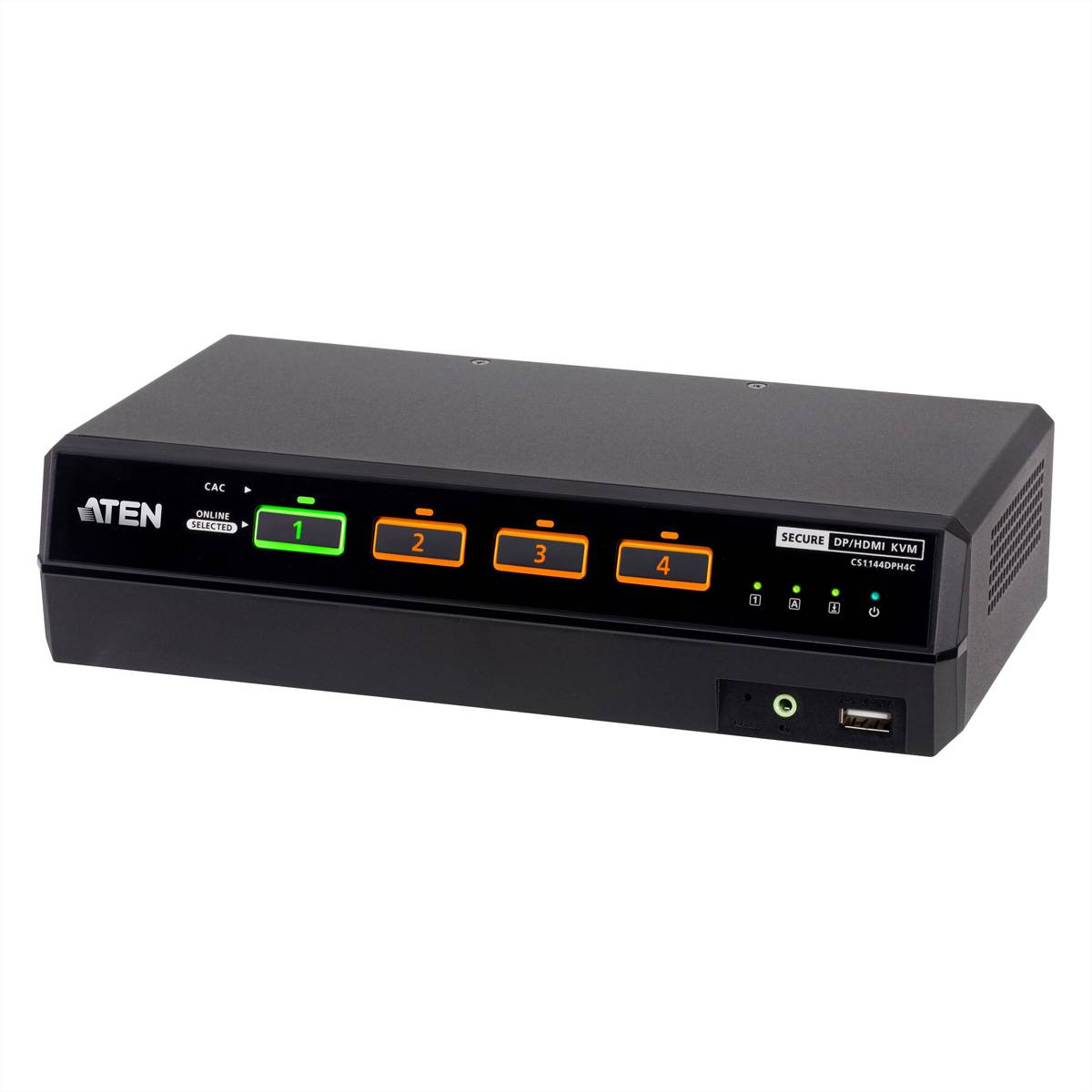 ATEN sichere KVM-Umschaltanlage mit vier nummerierten Kanalschaltflächen und vorderen USB-/Audioanschlüssen auf einer schwarzen Desktop-Einheit.