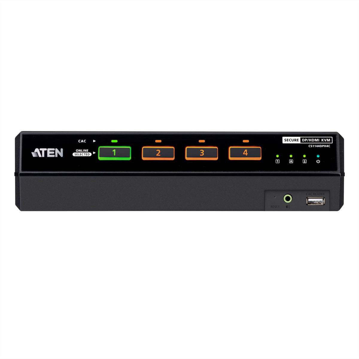 Vorderansicht eines ATEN Secure 4-Port DP/HDMI KVM-Switches mit nummerierten Portschaltflächen 1-4, Status-LEDs und vorderen Audio- und USB-Anschlüssen.
