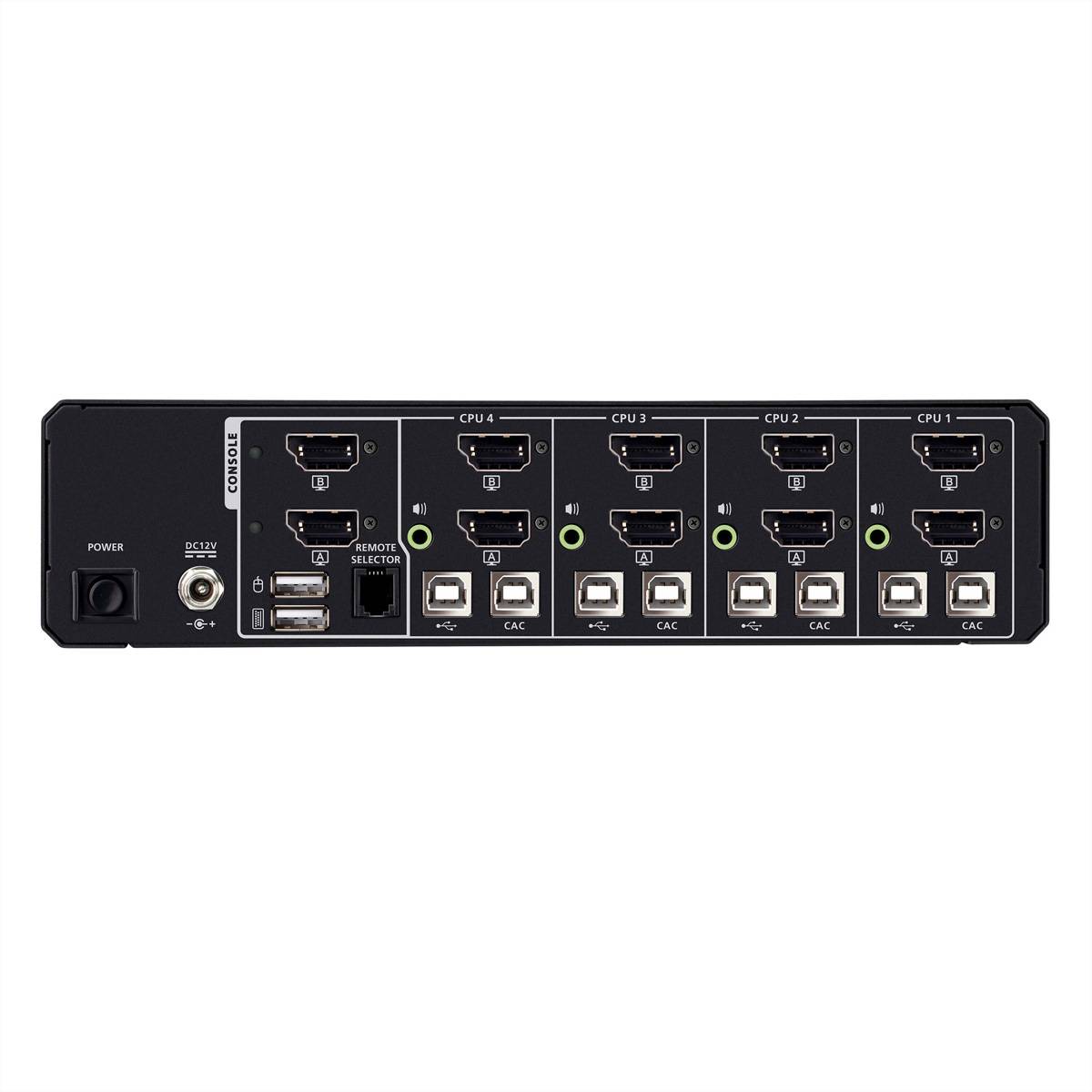Rückansicht eines Mehrfacheingabe-Steuerfeldes mit Stromschalter, DC-Eingang, Konsolen- und USB-Anschlüssen sowie vier CPU-Abschnitten mit Video- und USB-Verbindungen.
